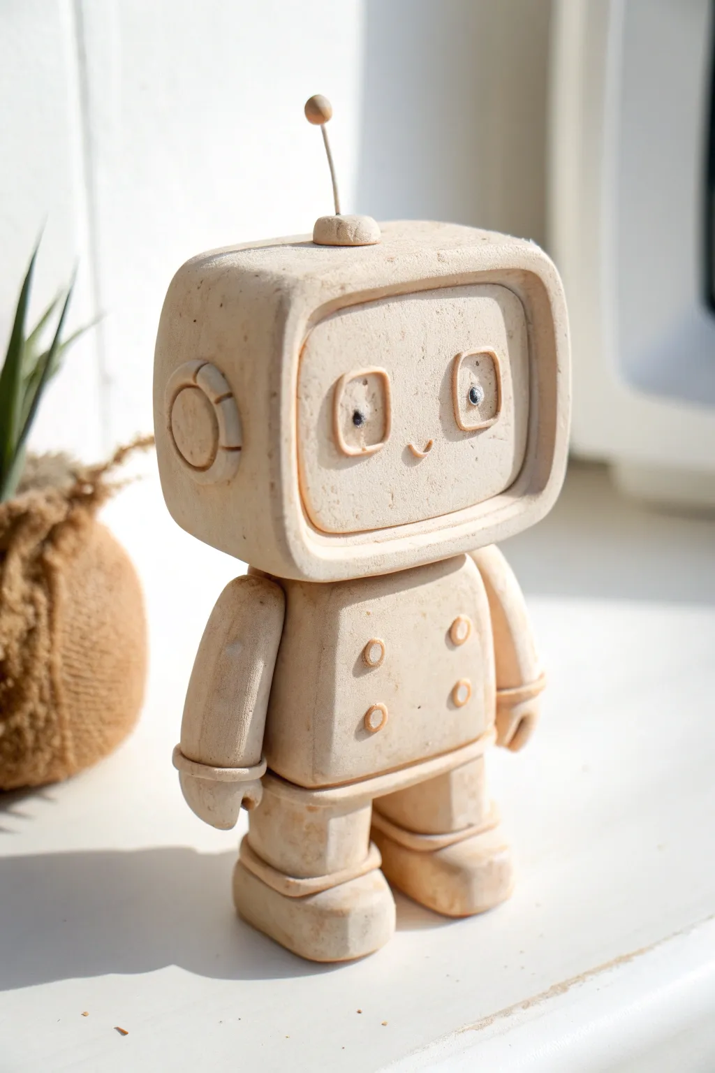 Retro TV-face clay robot with clean lines and warm texture, a simple modern sculpture idea