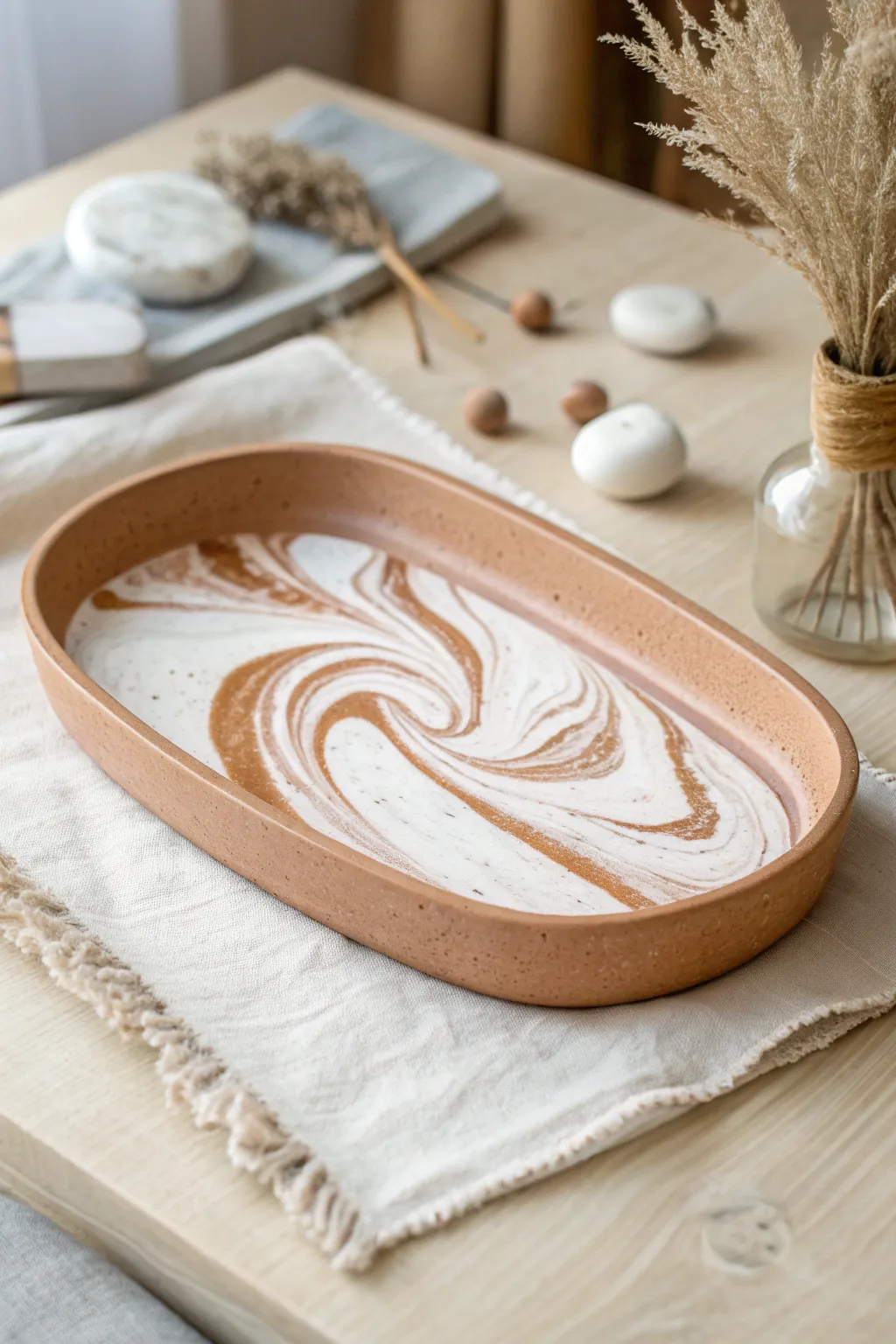 Soft marbled clay rolling tray with raised rim, styled simply for calm boho minimal vibes.