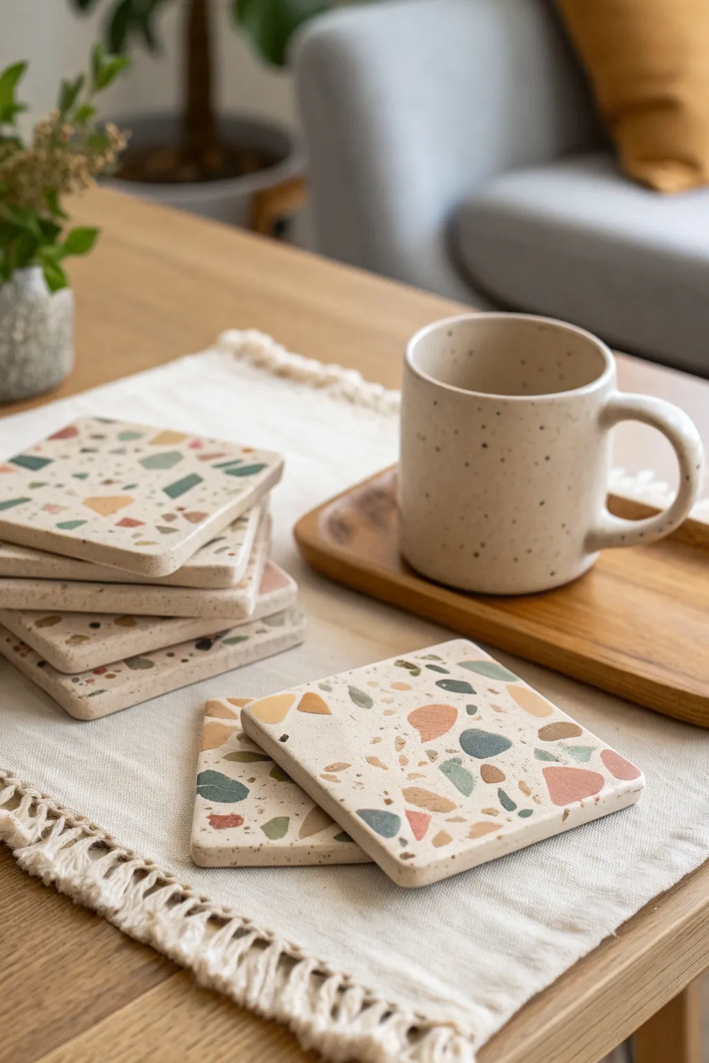 Terrazzo clay coasters stacked for a chic, functional coffee table moment in calm neutral tones