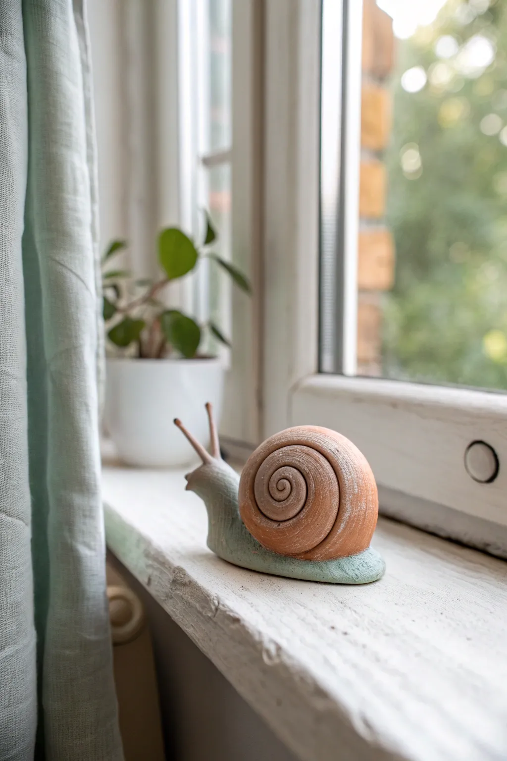 Beginner clay snail with a clean swirl shell, minimalist colors, and soft window light