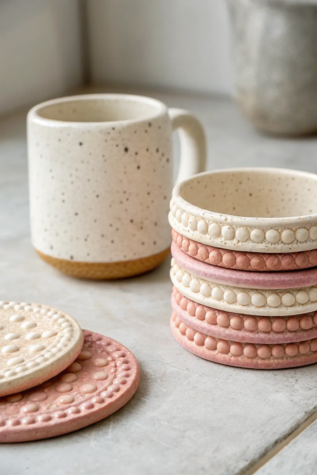 Bubble-textured clay coasters in cream and blush, styled simply for a calm minimalist look