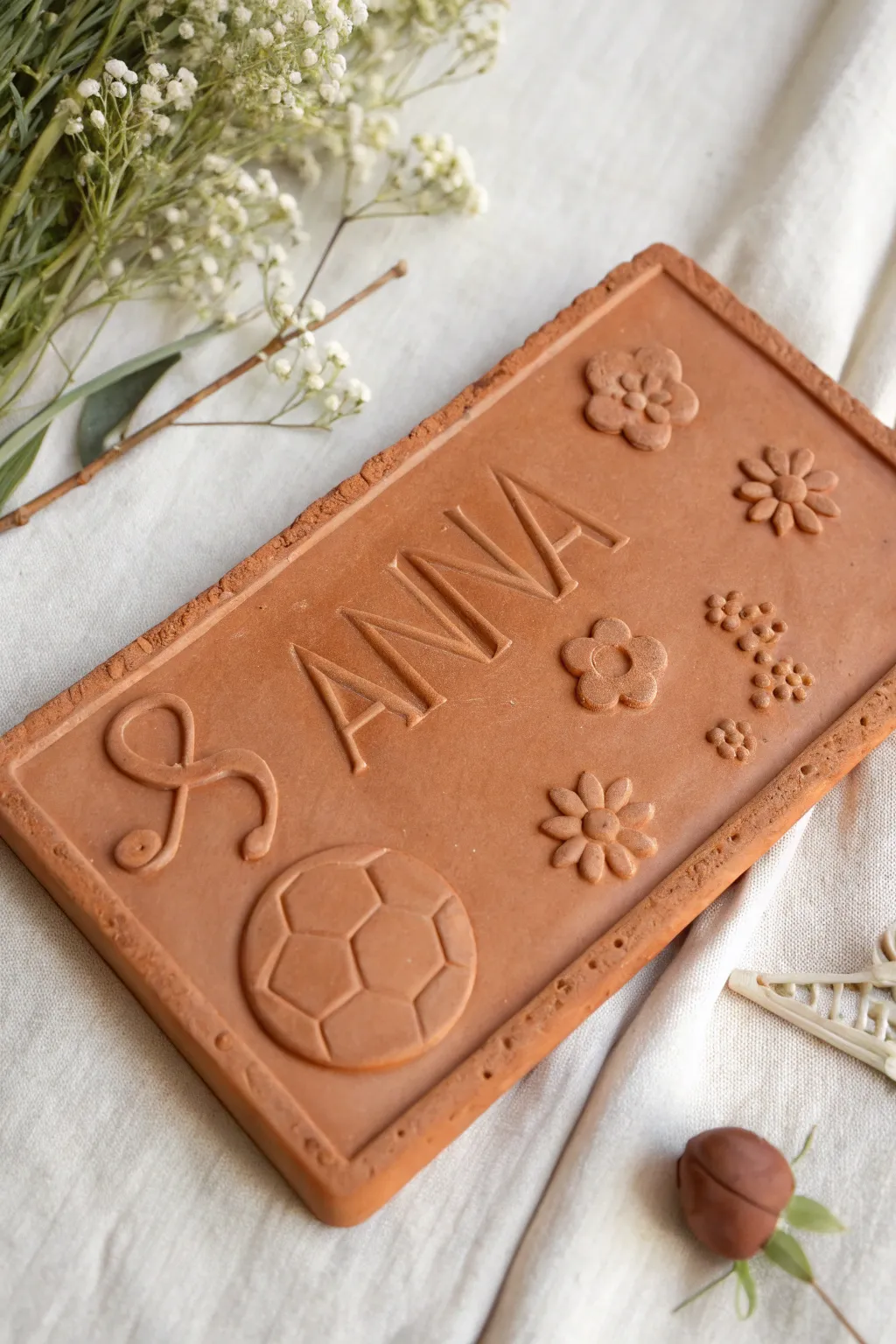Simple clay slab plaque with bubbly raised shapes and cute relief icons, perfect for middle school.