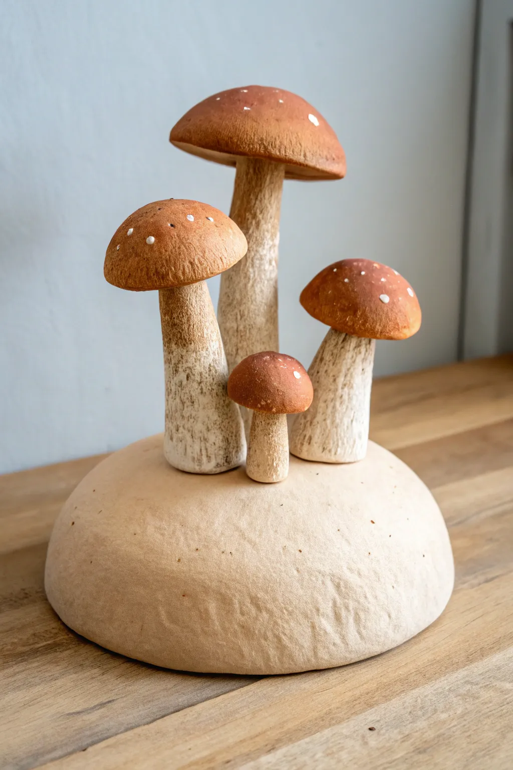 Earthy clay mushroom cluster on a rounded mound, simple woodland charm for your shelf.