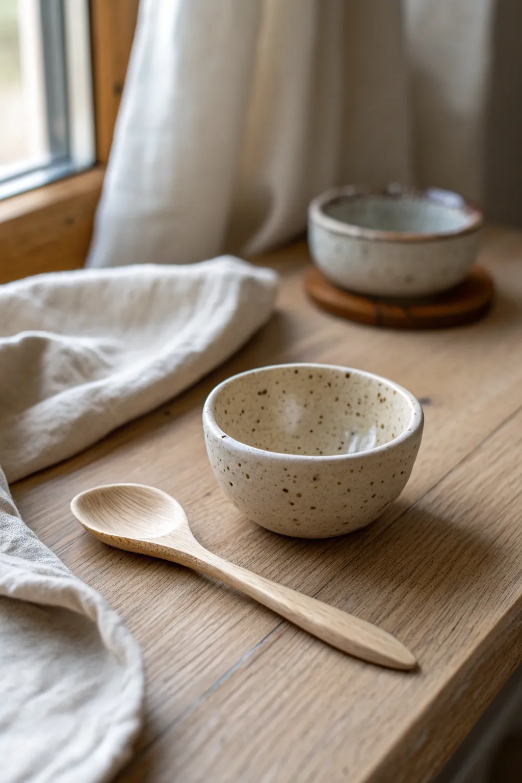 Minimal salt pinch bowl with a tiny spoon, warm handmade clay for an everyday kitchen moment.
