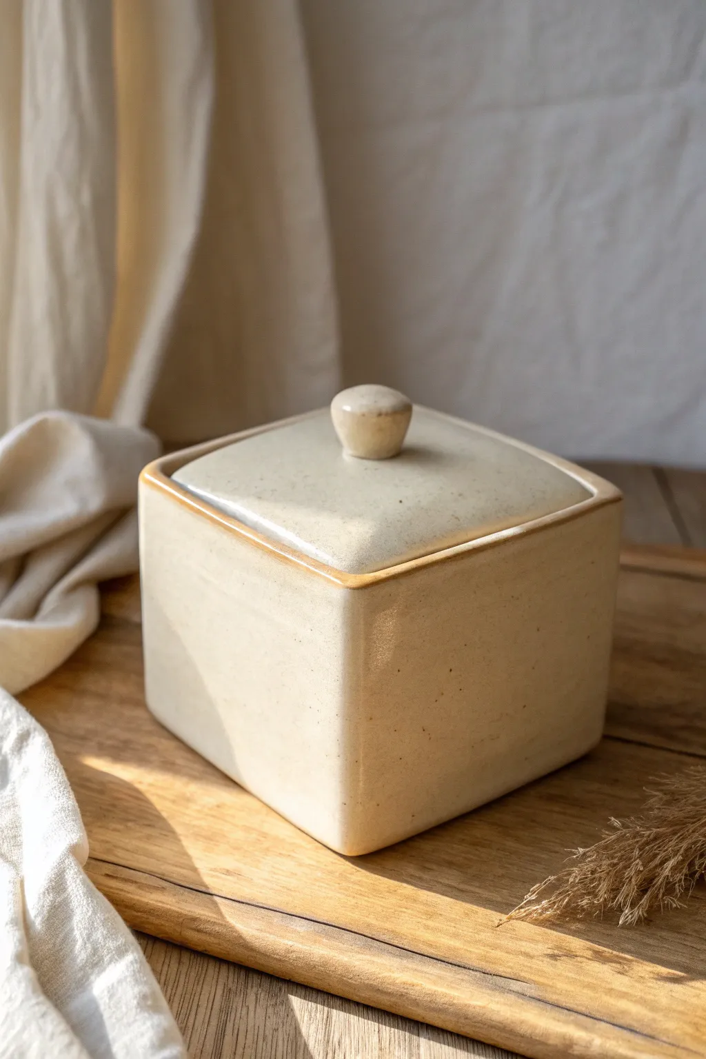 A sleek slab-built cube box with a soft domed knob, finished in a calm single-color glaze