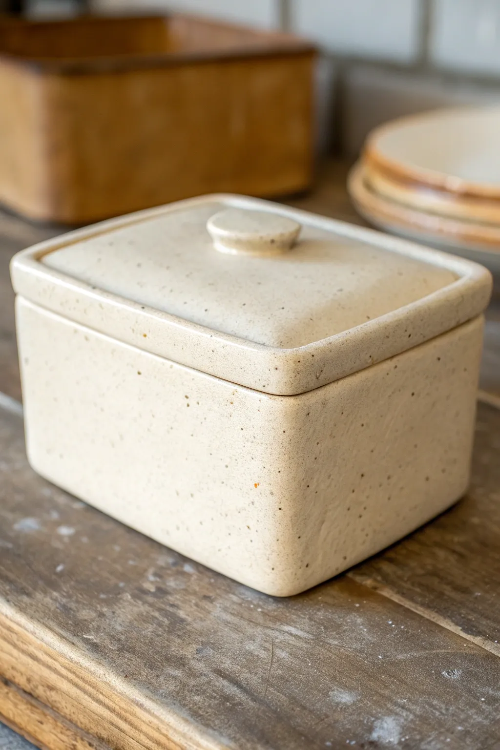 Round-edged slab container with a simple lid, minimalist and cozy with soft sculpted shadows.