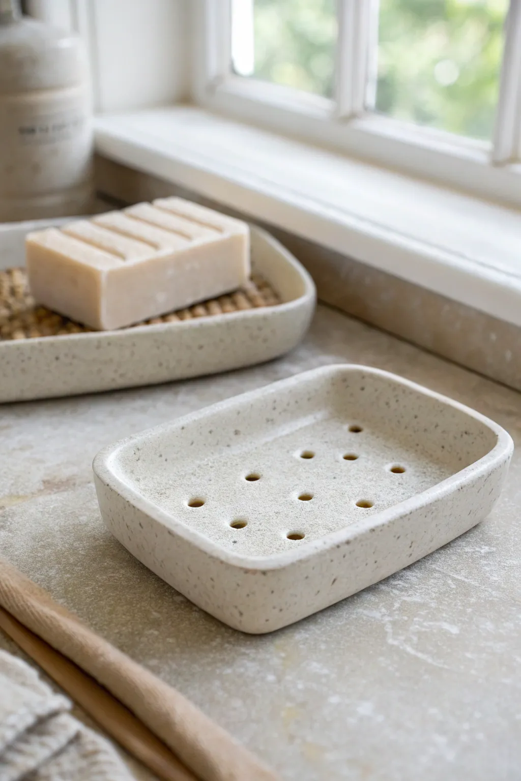Minimal slab soap dish with drain holes and soft texture, perfect for a calm, modern bathroom.
