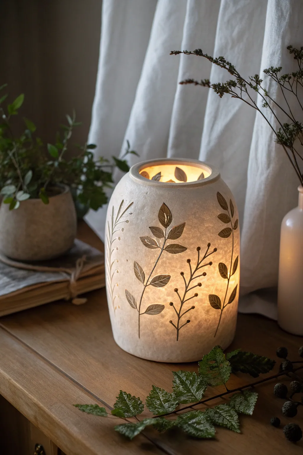 Leaf and vine cutout slab lantern glowing softly, minimalist clay charm for cozy evenings.