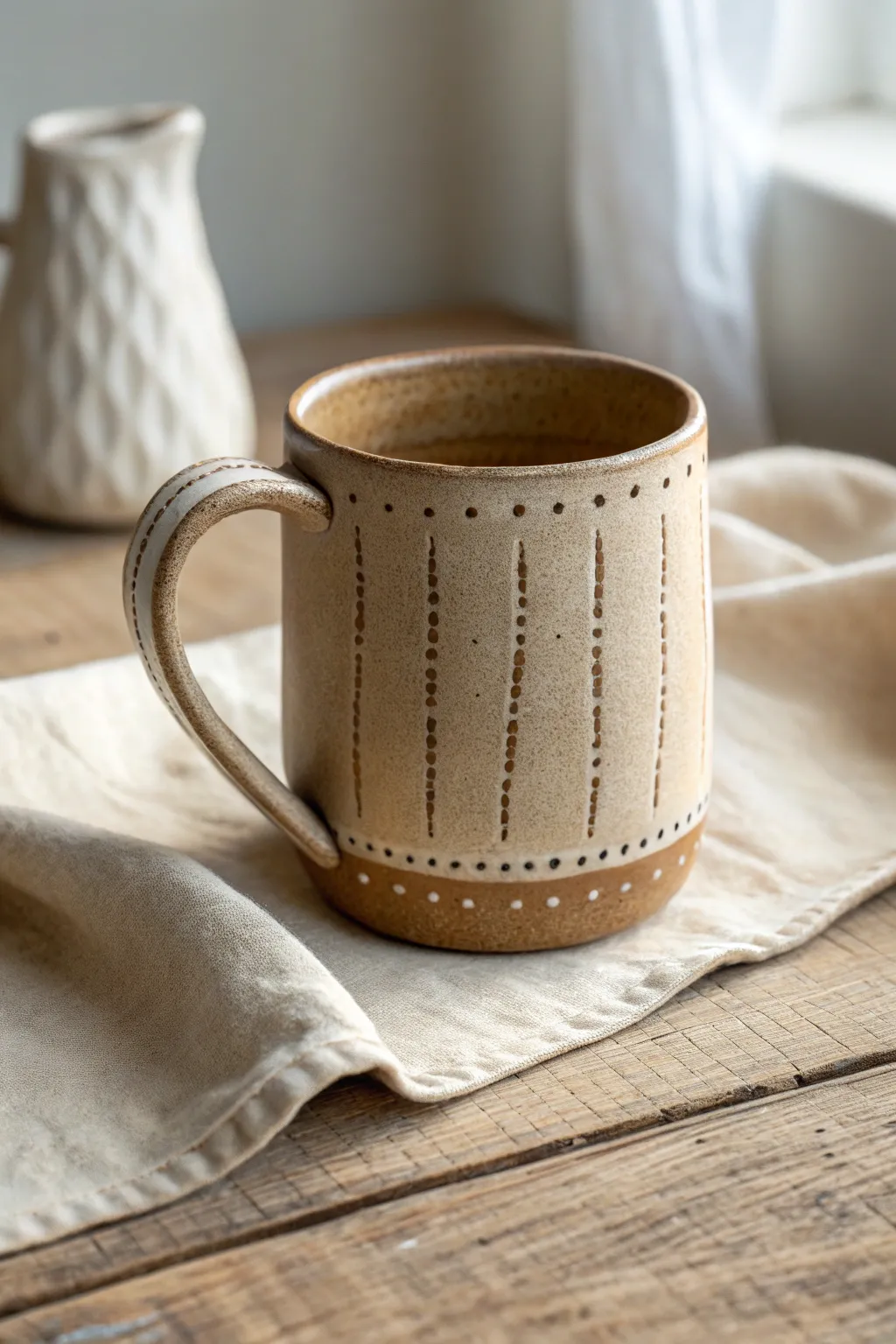 Stitched-seam slab mug in warm neutral glaze, simple score marks that celebrate handmade texture.