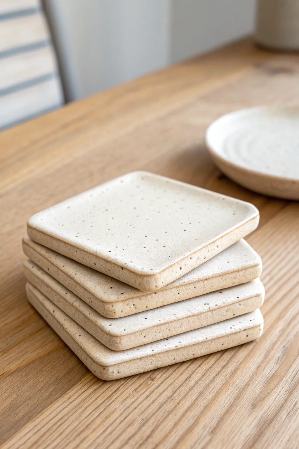 Minimal slab clay coasters stacked like tiny tiles, matte speckle finish and soft neutral contrast