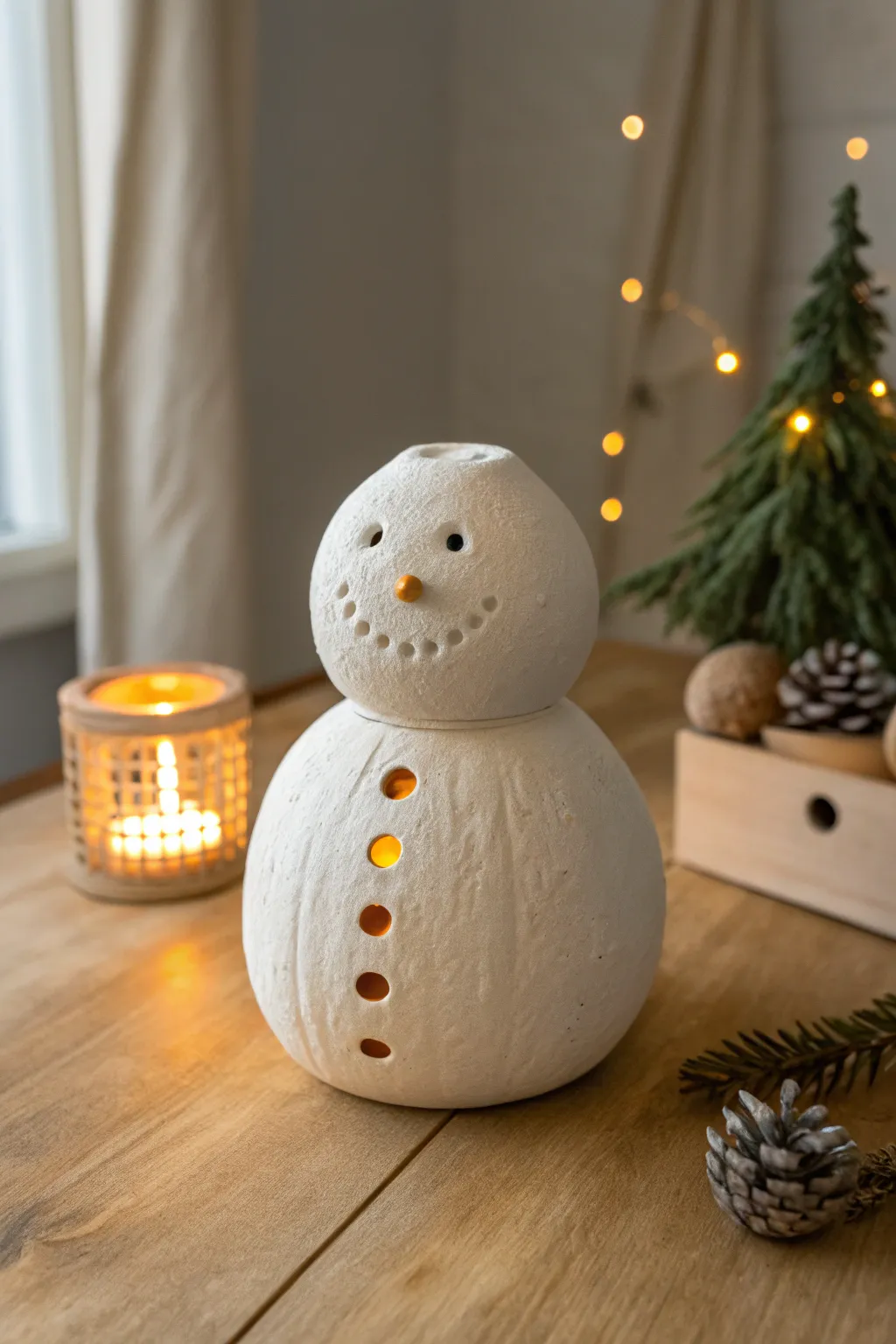 Cozy air-dry clay snowman lantern with warm glow, simple holes and Scandinavian calm.