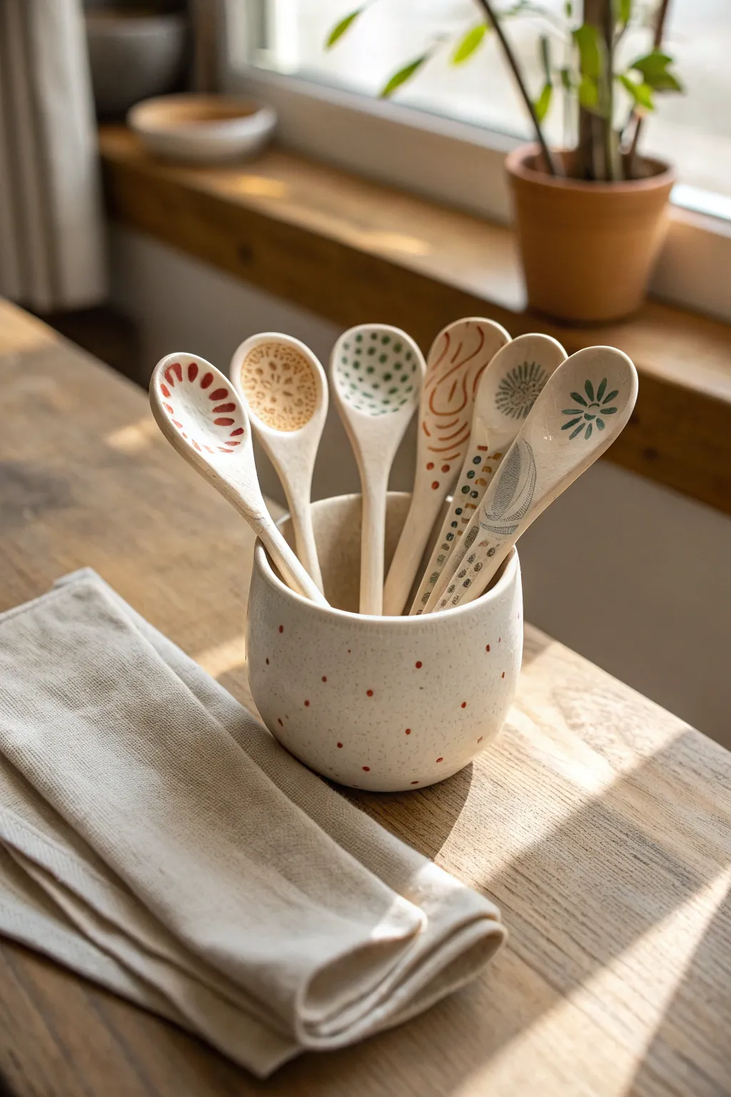 Mix-and-match glazed clay spoons in a minimalist cup, Scandinavian calm with a boho touch.