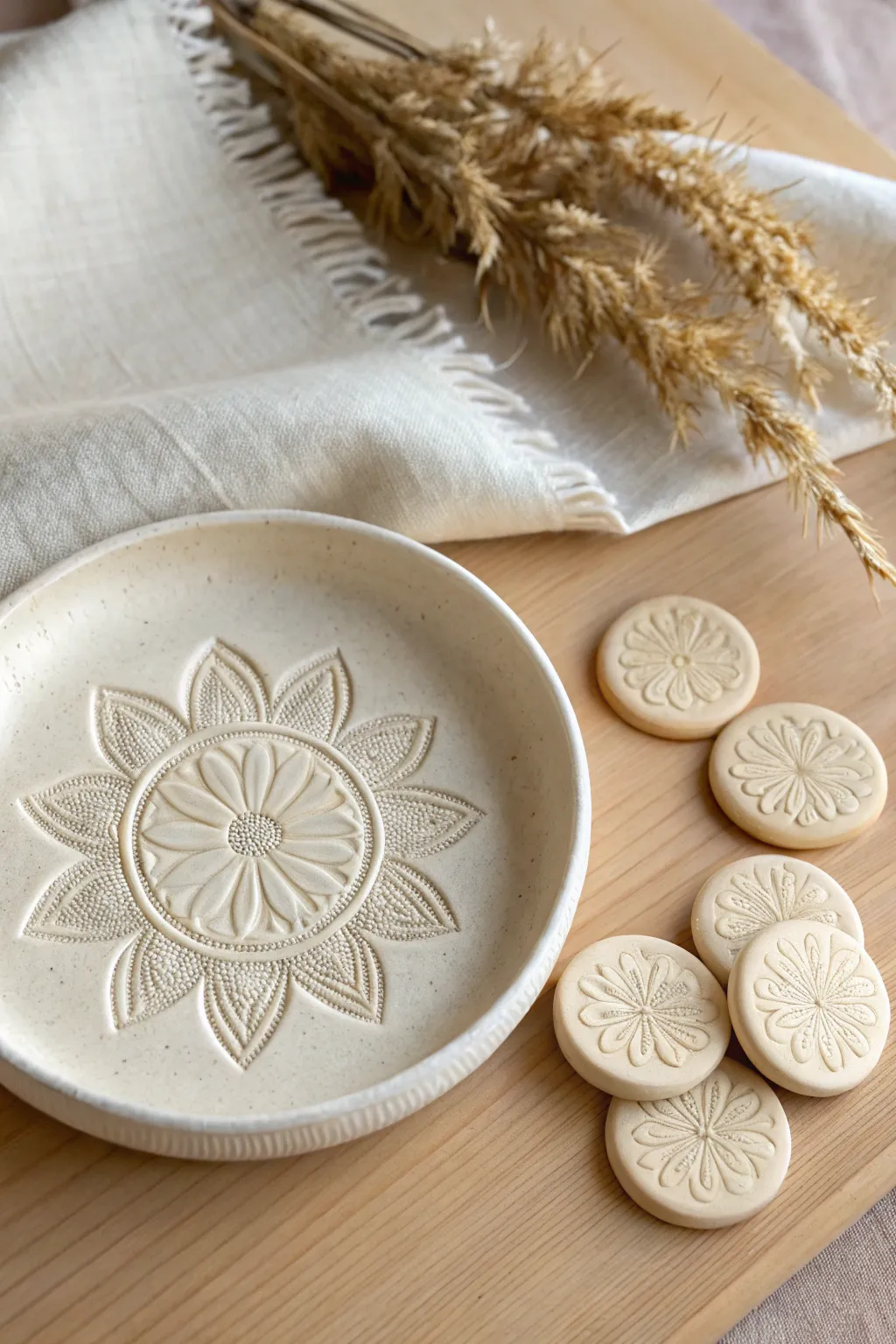A centered mandala stamp turns a simple plate into a calm, statement centerpiece.