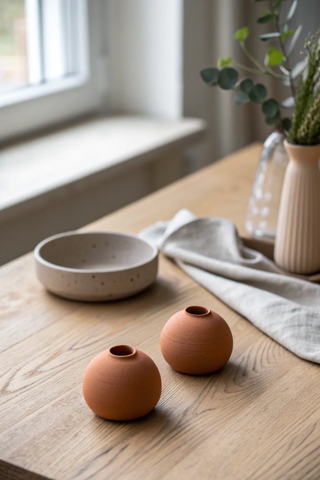 Two tiny clay blobs inch closer, with a soft merged form behind hinting at the next frame.