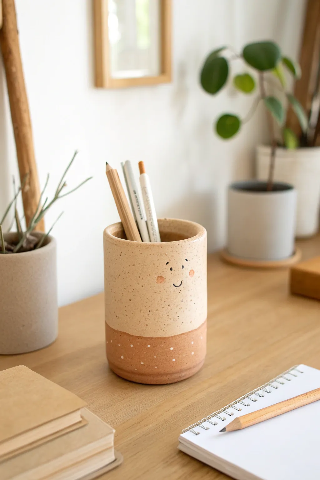 Sweet minimalist clay pen cup organizer to keep your desk tidy and quietly cute.