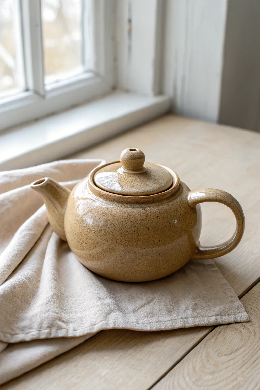 Soft oval teapot in natural clay with clear glaze, minimalist form and cozy handmade charm.