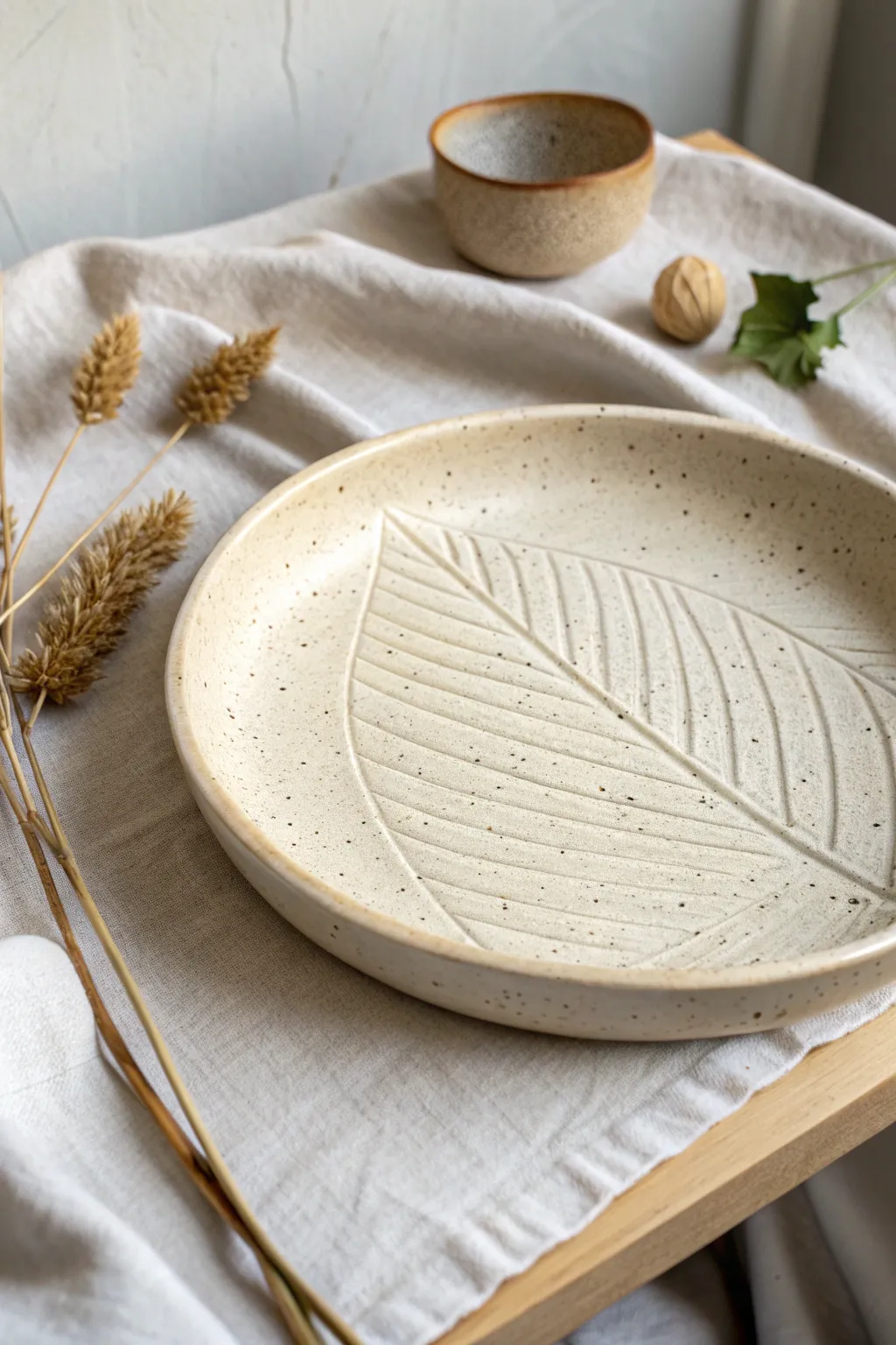Deep leaf-vein platter with a subtle seed-pod cup accent for easy nature print clay textures