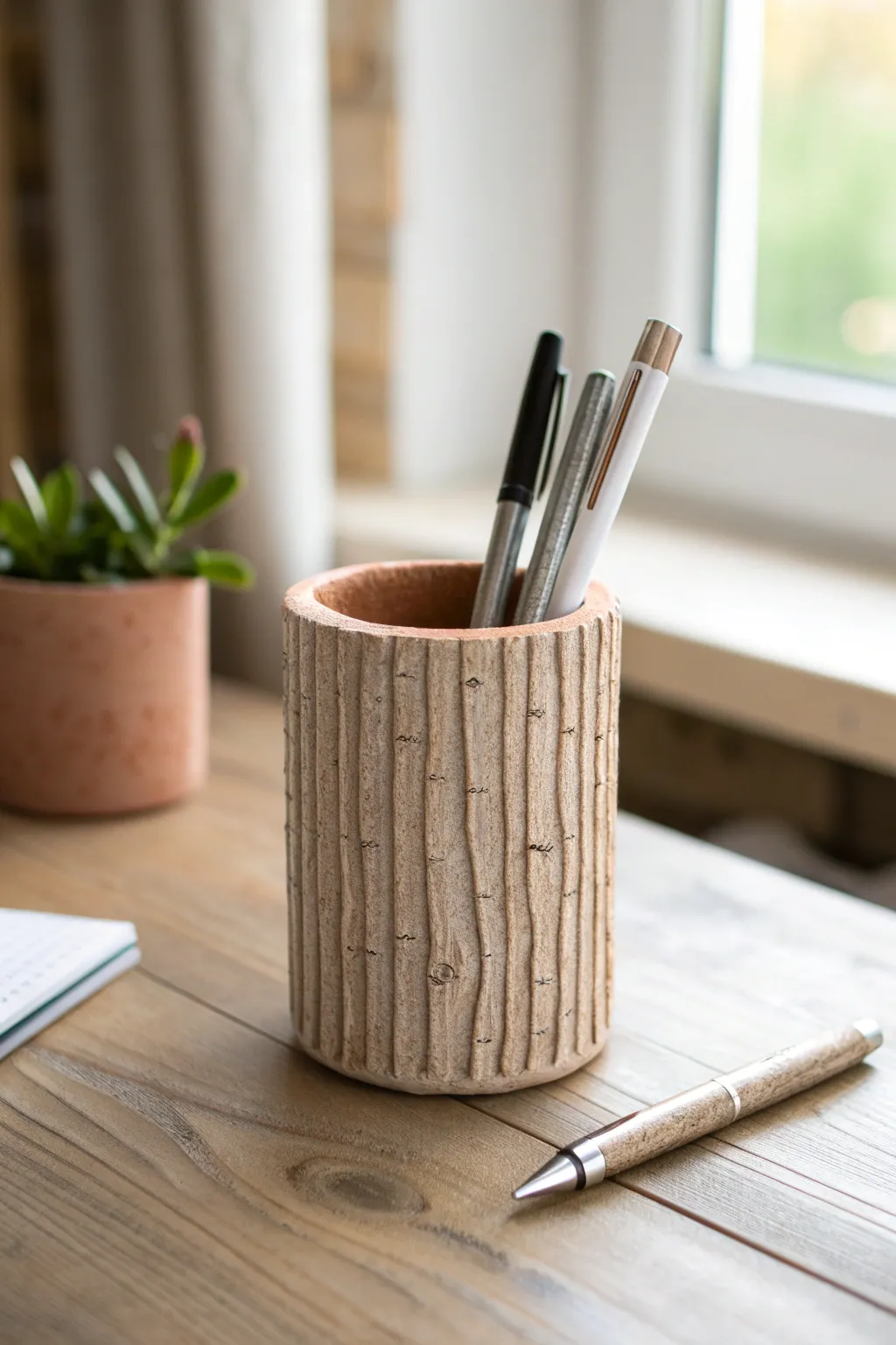 Textured clay pen cup with subtle leaf detail, a minimal boho touch for your desk.