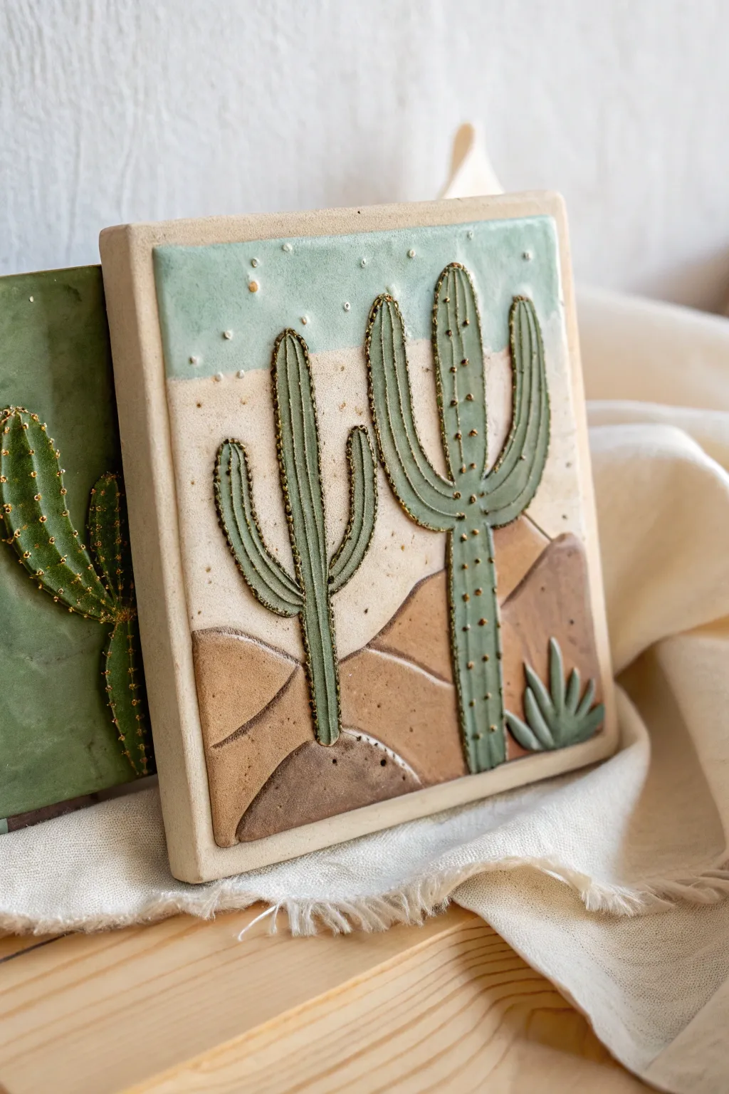 Chunky cactus relief tile with dotted spines and a smooth sky backdrop, simple and serene