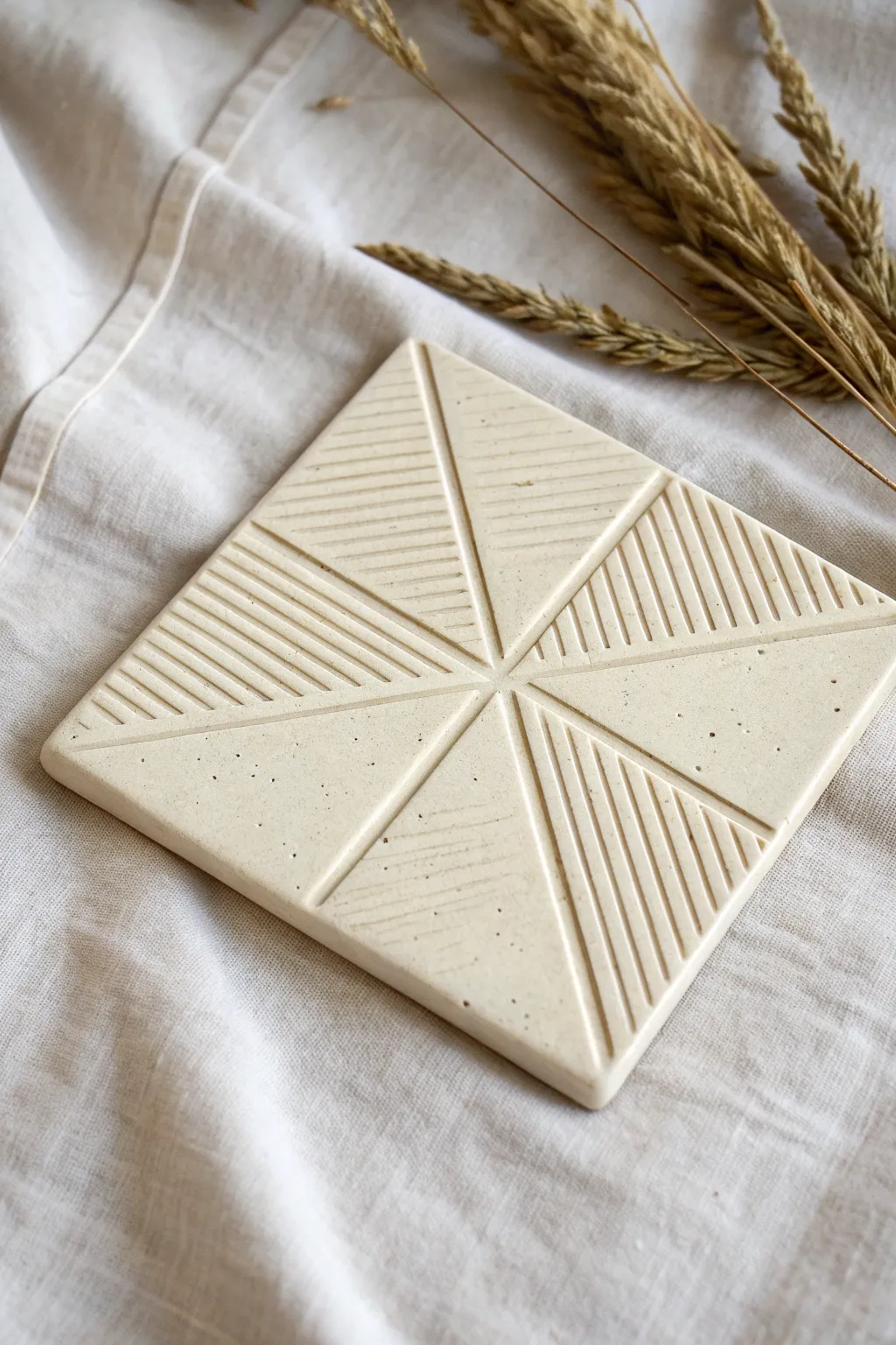 Minimal carved linework tile with crisp triangles and calm shadows for modern clay décor.