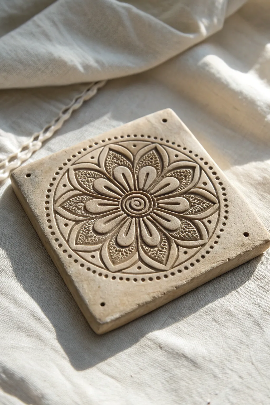 Minimal mandala relief tile with dark wash highlights, perfect for a calm boho-inspired look