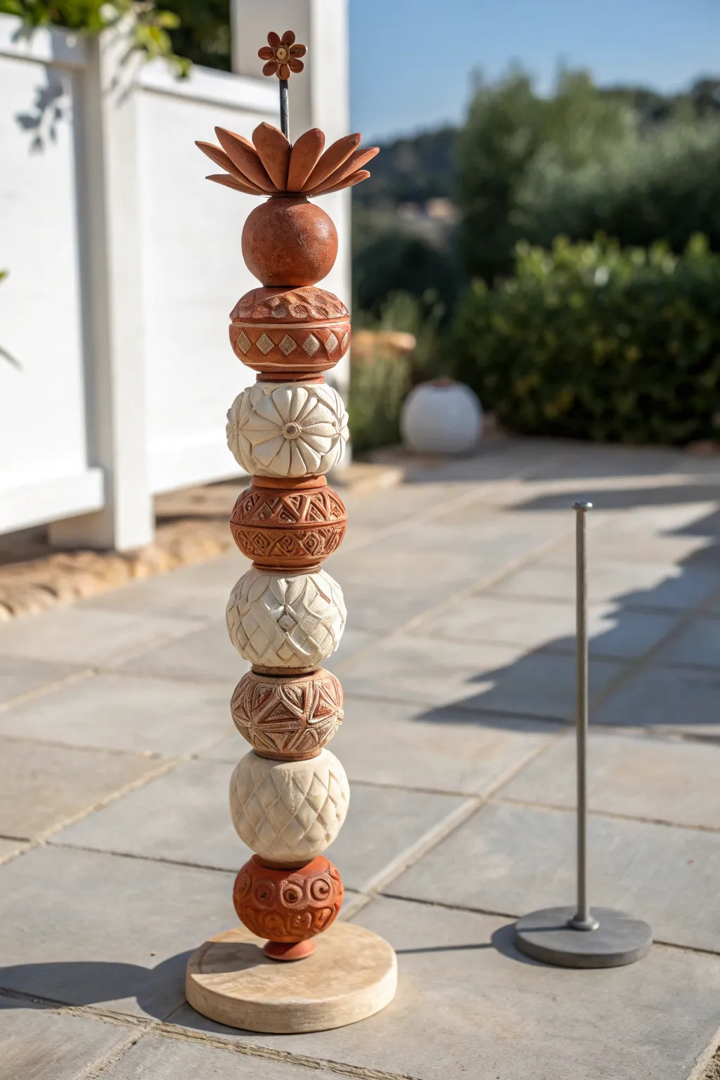 Botanical clay totem with seed pod beads and a flower bud top, sunlit and serene.