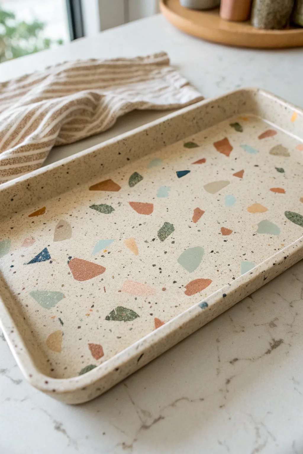 Terrazzo confetti clay tray in soft neutrals, minimalist boho styling for a calm countertop moment.