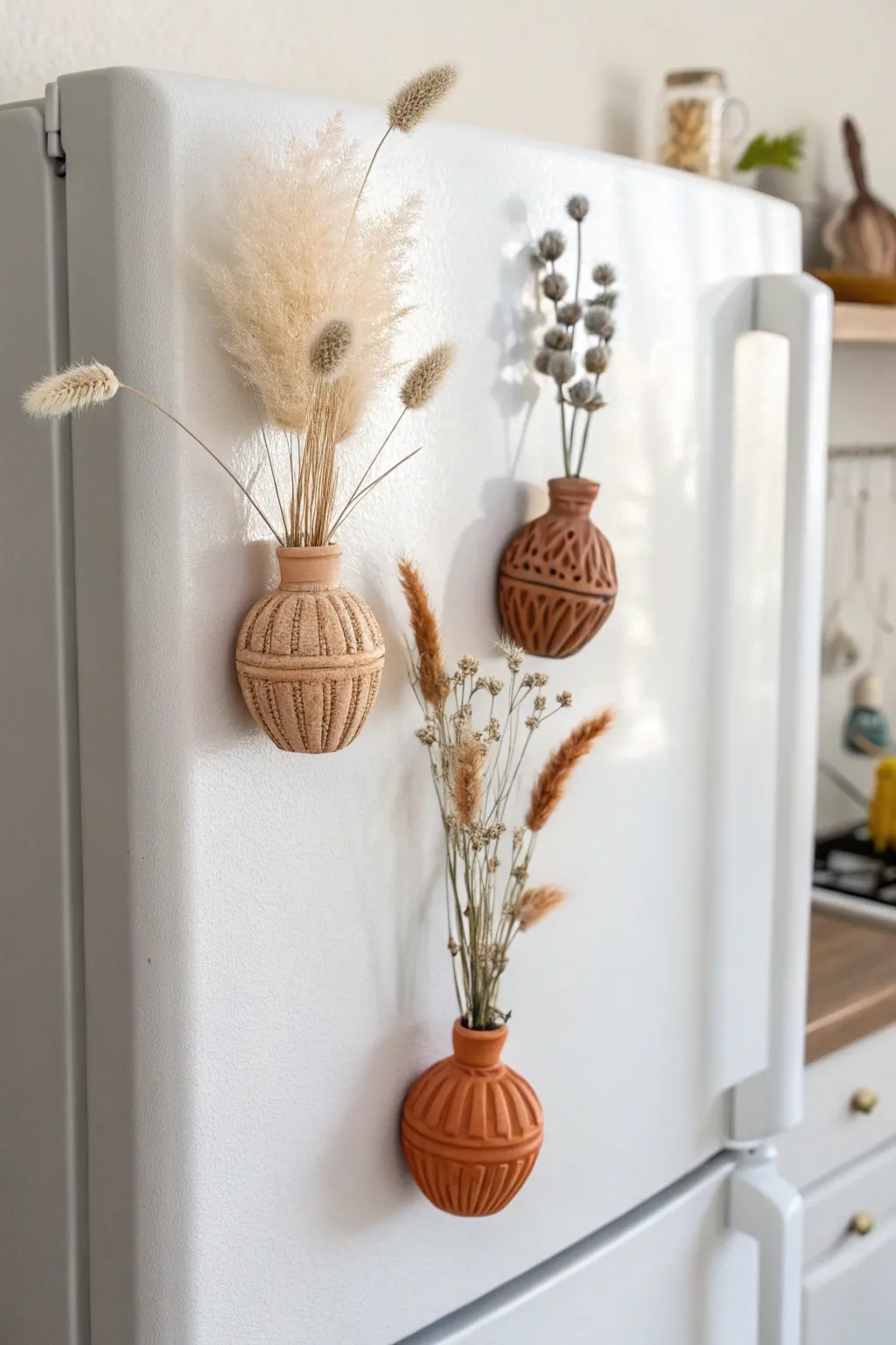 Mini clay bud vase magnets with dried blooms, a simple Scandinavian touch for your kitchen.