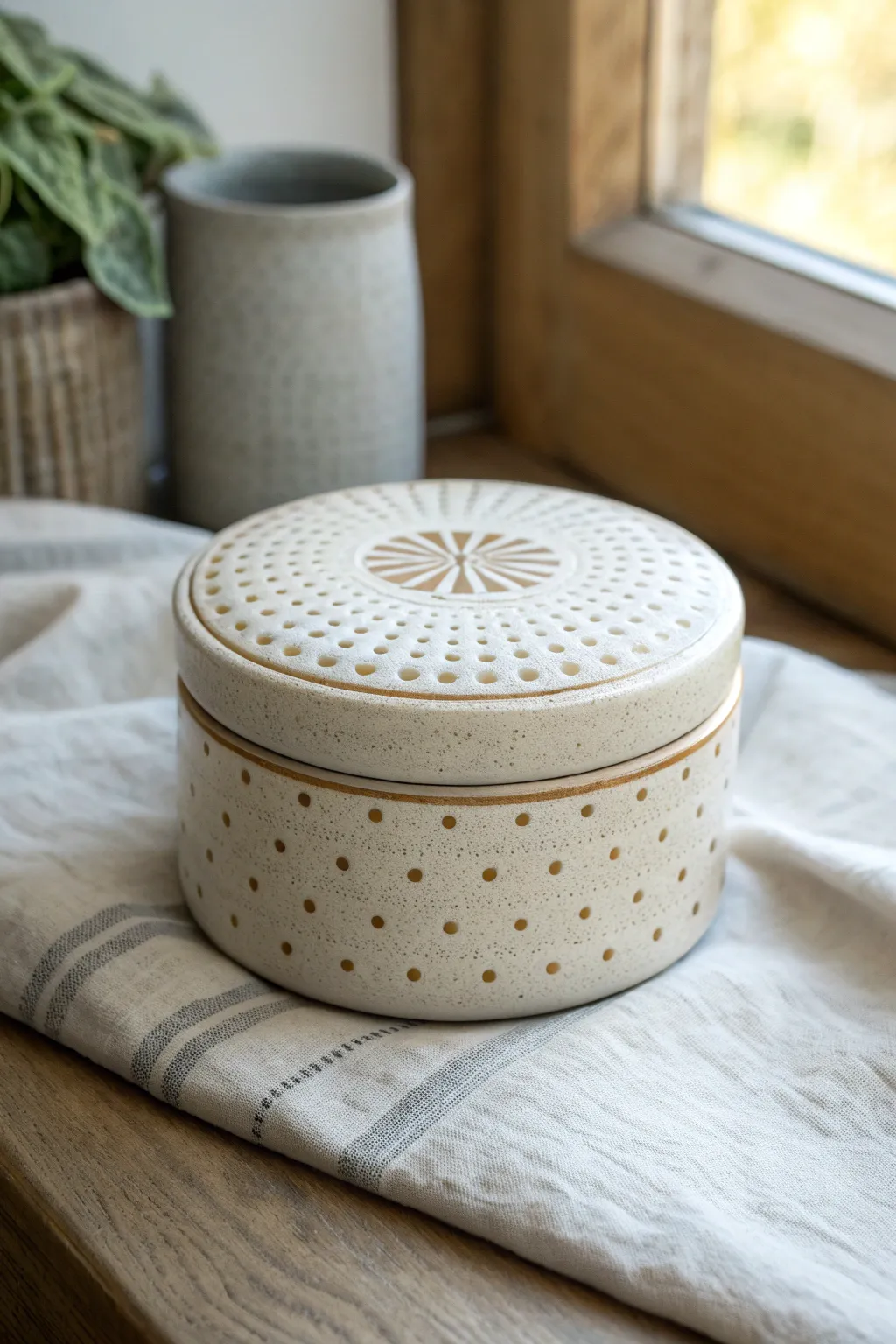 Minimal stamped-lid trinket box with soft wash highlights, a calm Scandinavian-boho accent.