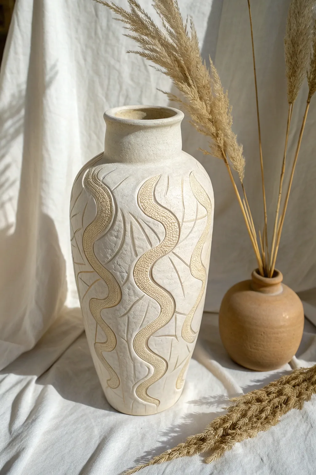 Matte monochrome vase with abstract squiggle appliqué and dried florals for tactile texture