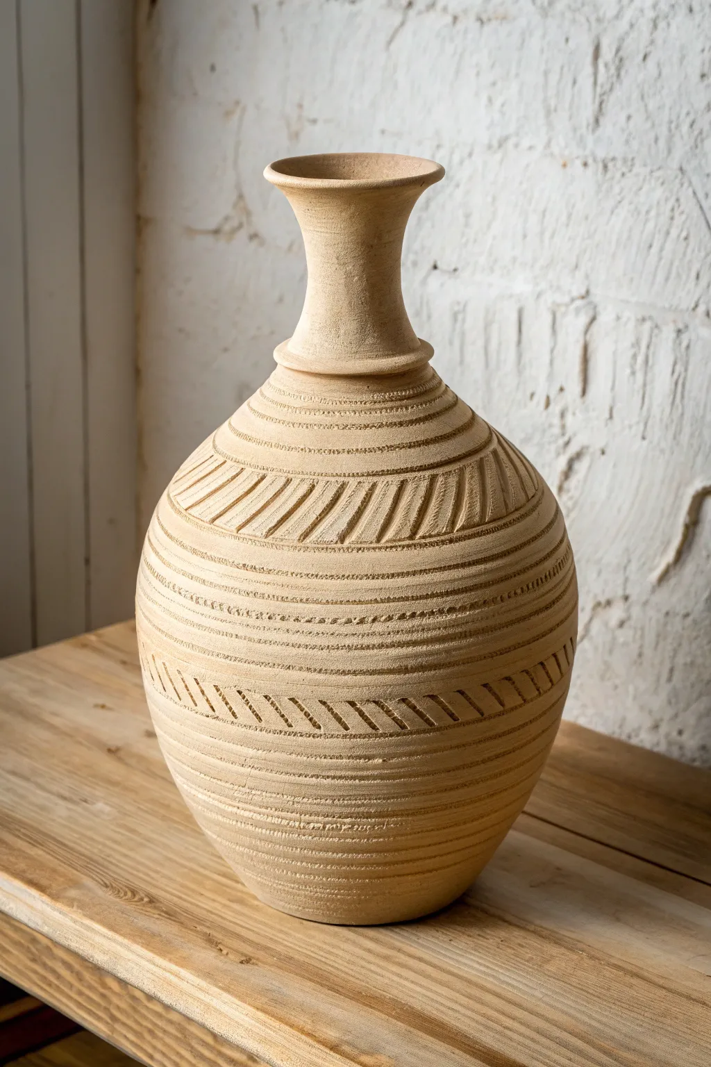 Matte clay vase with wraparound carved lines, Scandinavian simplicity with a soft boho touch.