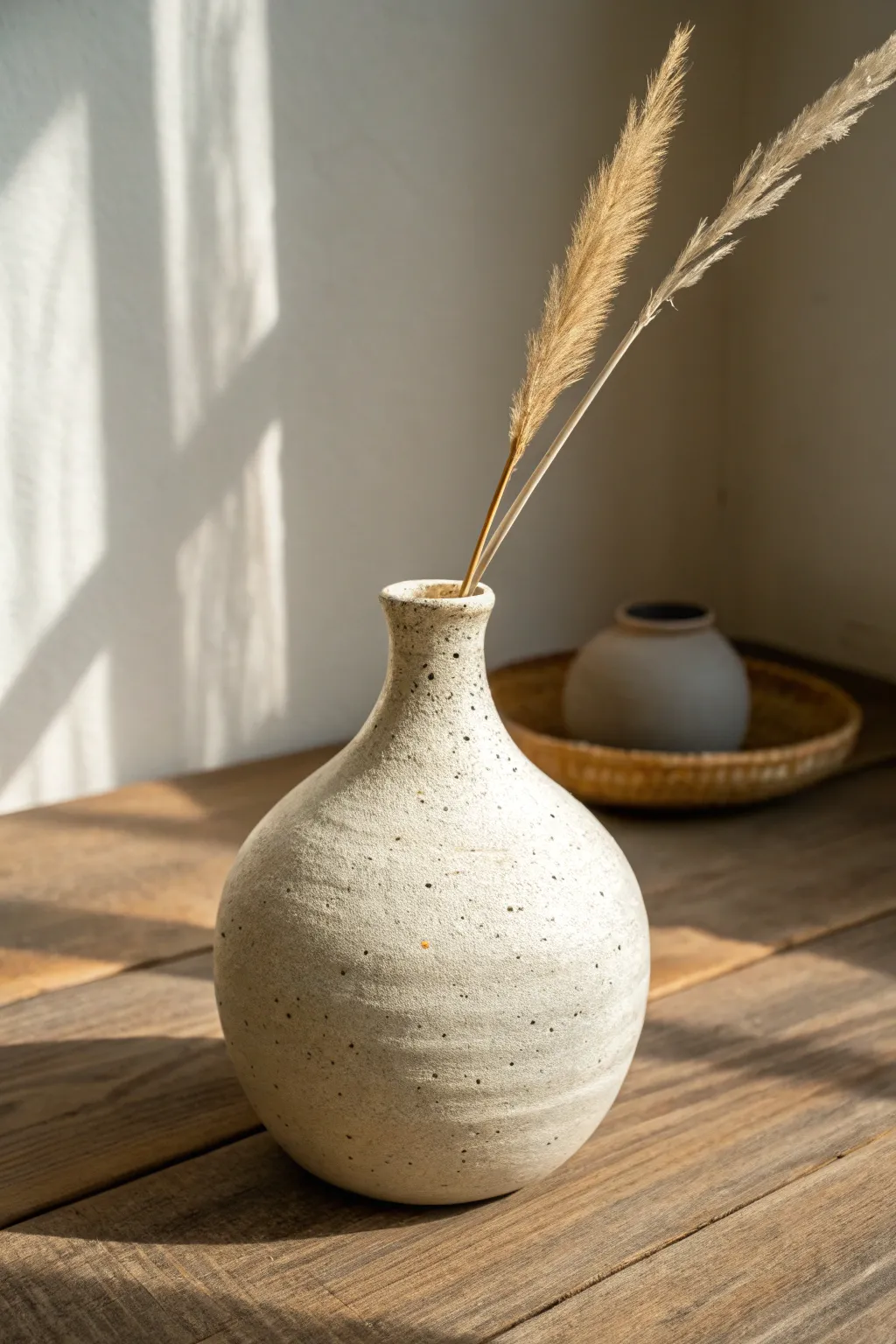 Minimal bottle-neck clay vase with a single stem, perfect for clean Scandinavian-style decor.