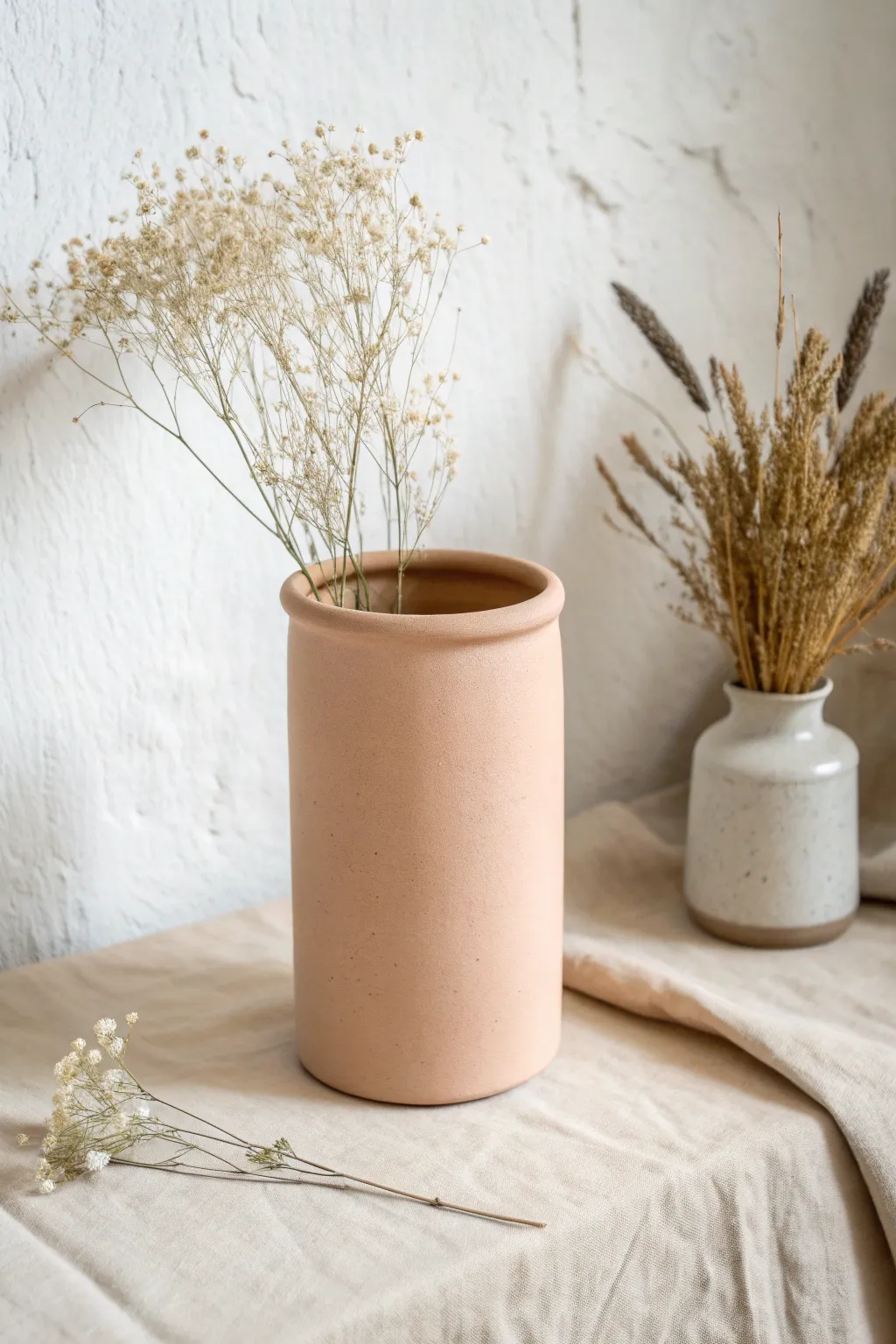Minimal matte clay cylinder vase with soft rim and tiny wildflowers in a calm Nordic boho scene
