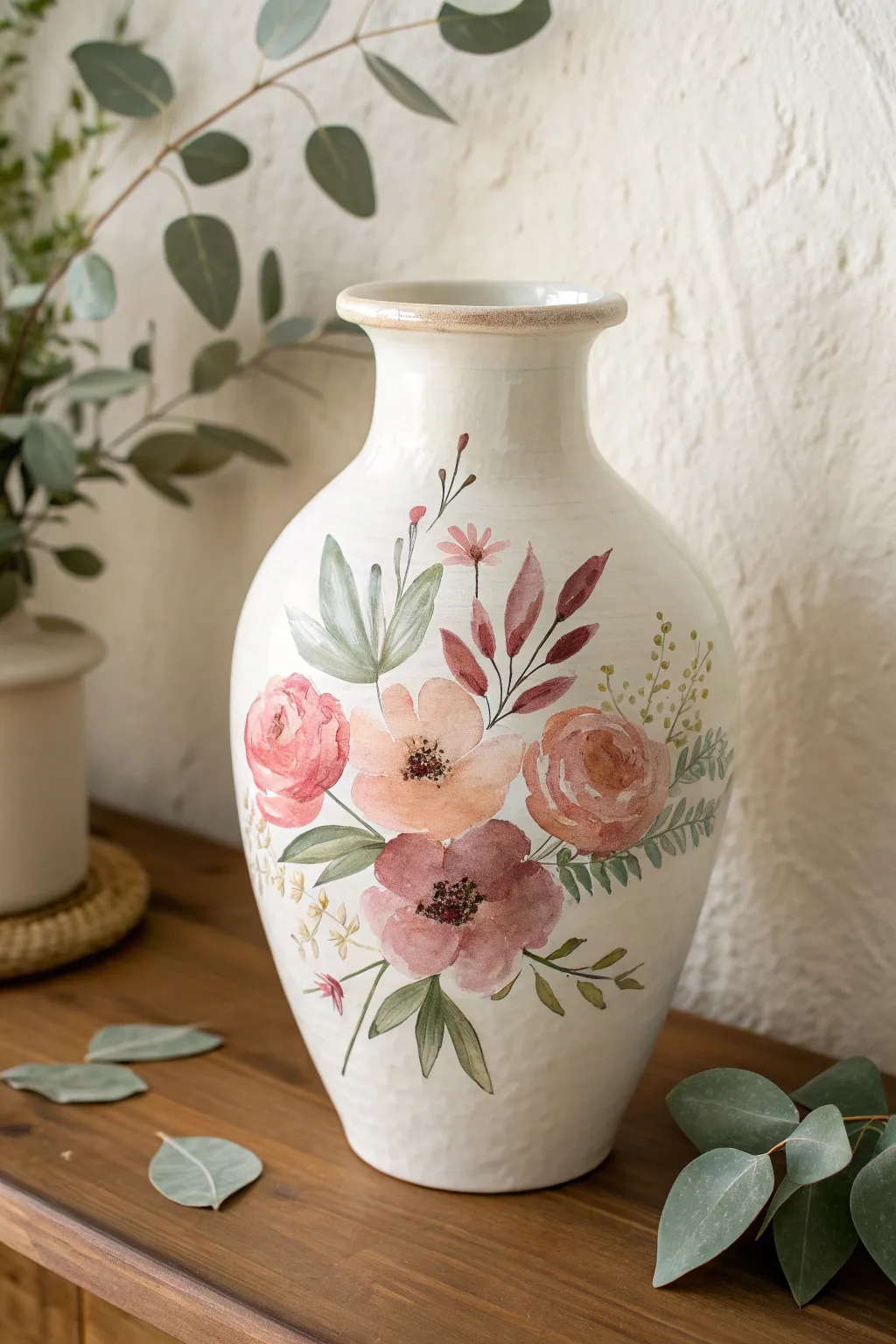 Loose watercolor florals on a creamy clay vase for a soft, airy Scandinavian boho look
