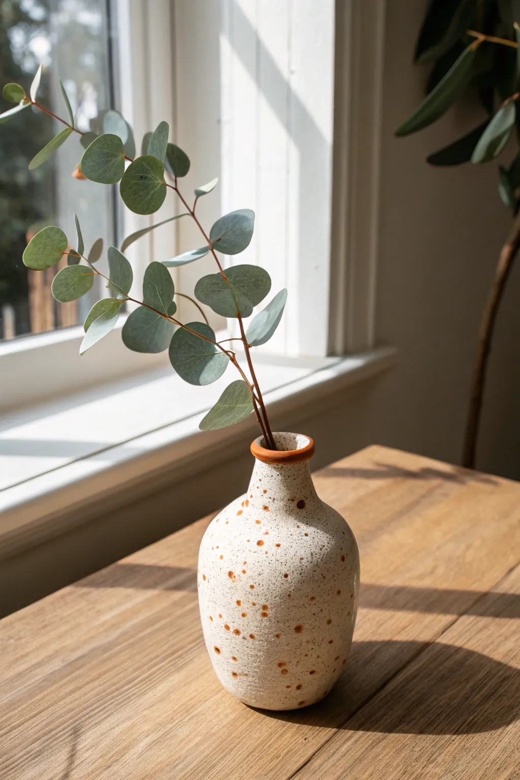 Speckled bud vase for a single stem, minimalist charm with soft boho warmth and contrast.