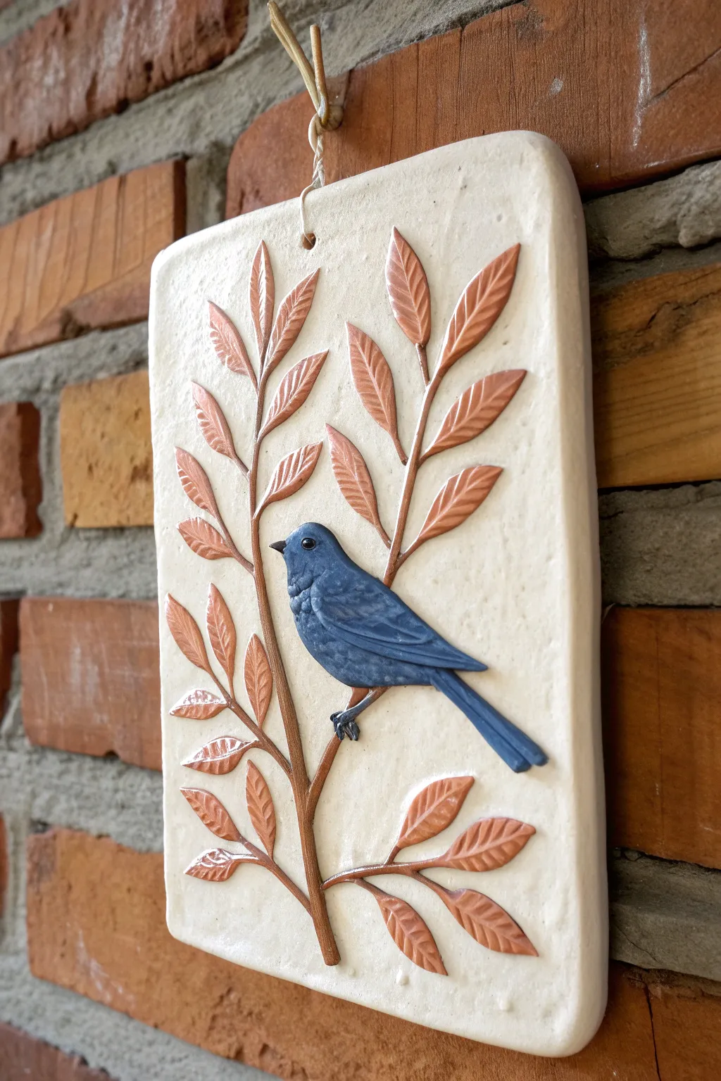 Cheerful bird-on-a-branch clay relief plaque in bold colors for minimalist boho wall decor
