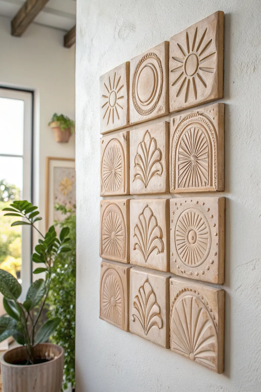 Minimal clay tile grid wall art with carved motifs, warm terracotta on a soft neutral wall.