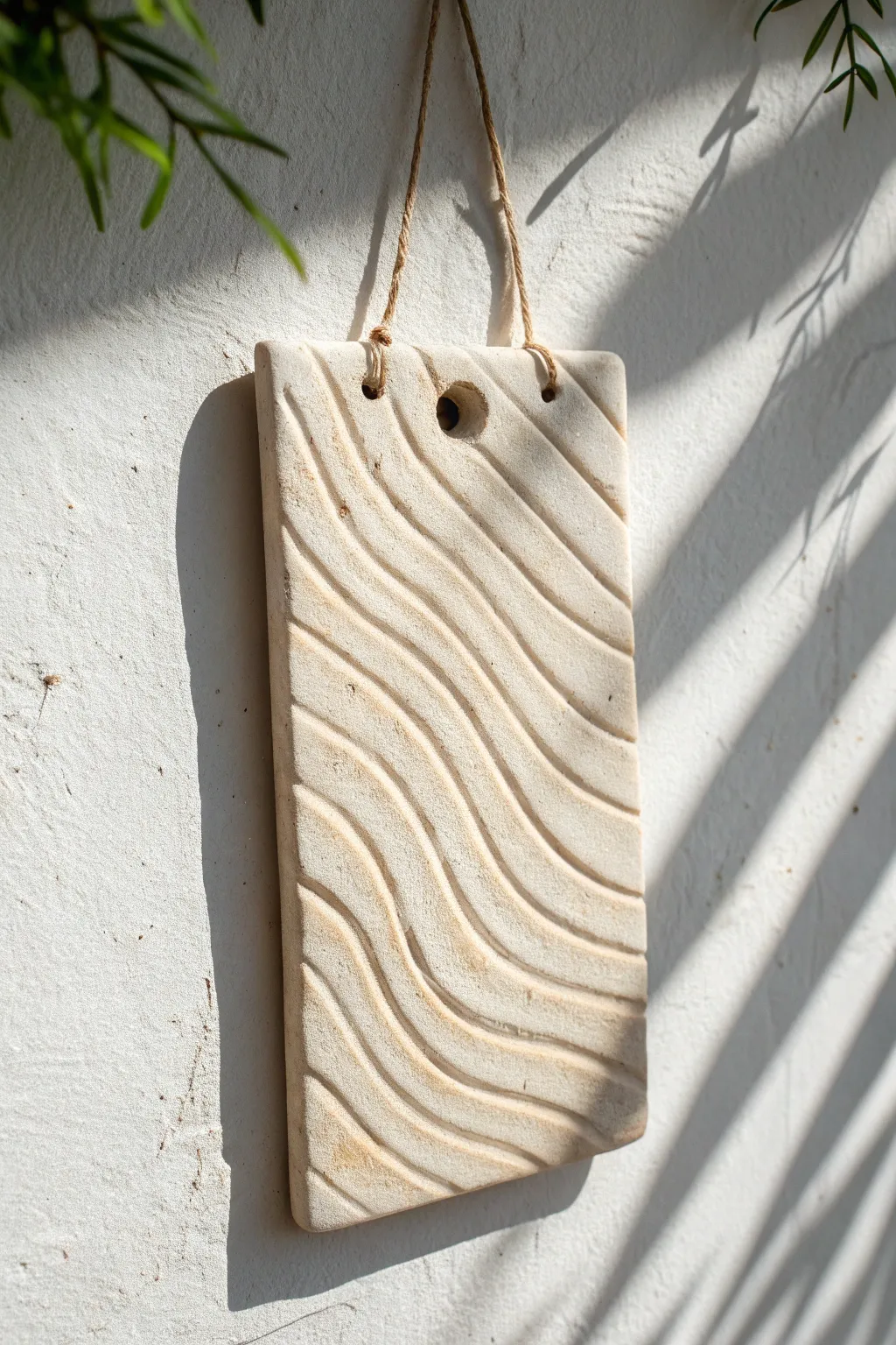 Minimal textured clay slab wall hanging with linen cord, a calm statement piece for any wall