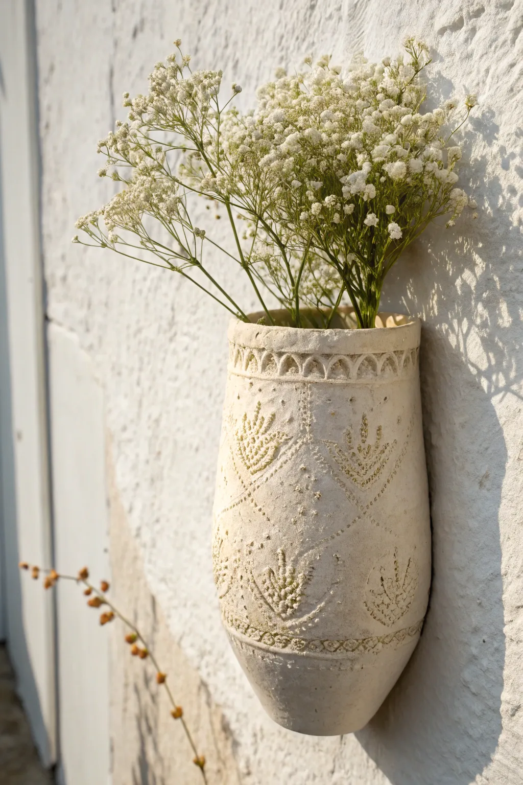 Lace-pressed clay wall pocket in a soft ivory finish, holding airy dried babys breath