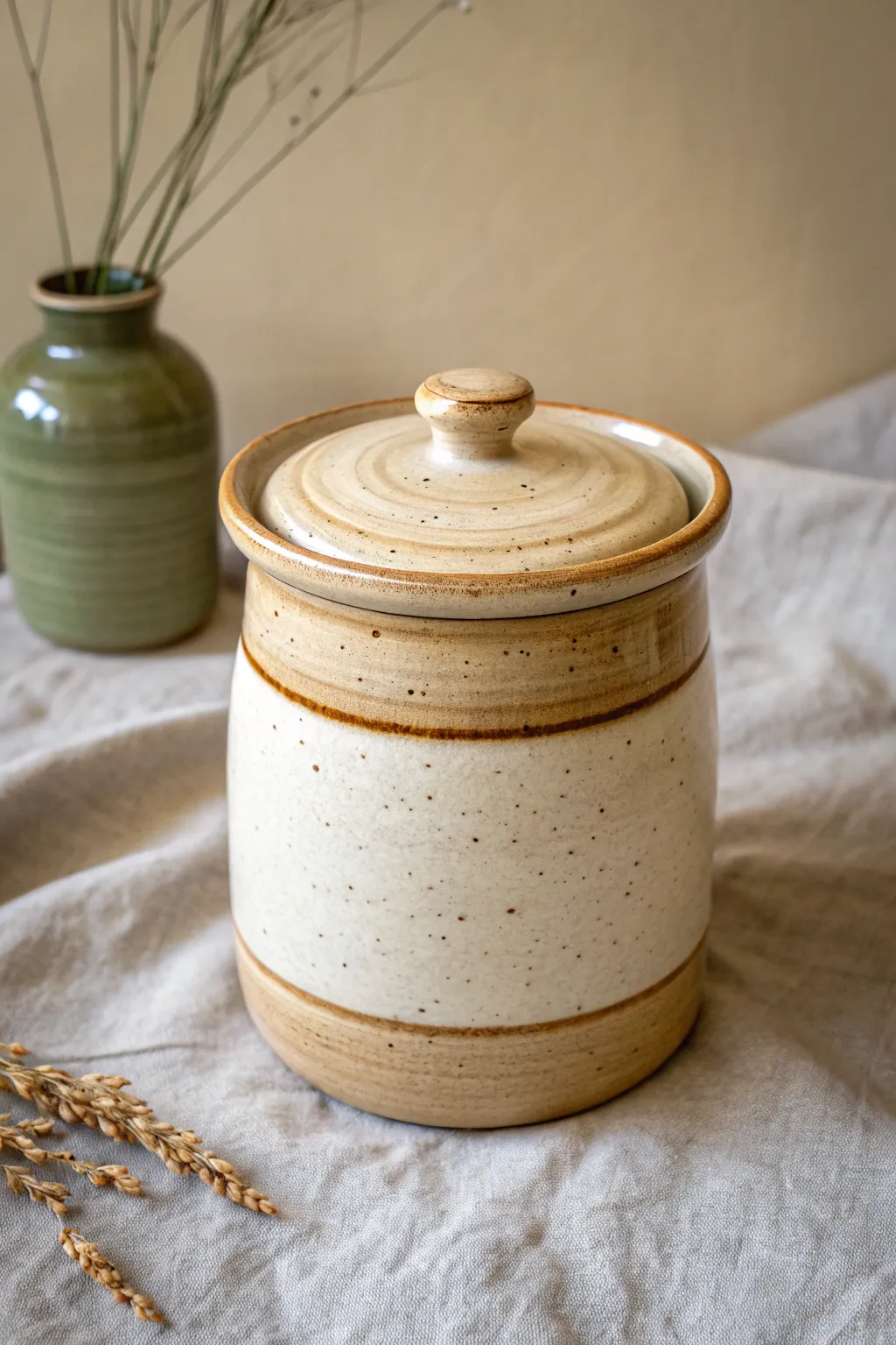 Wheel-thrown lidded jar with a clean gallery and glossy glaze, shown slightly open for fit