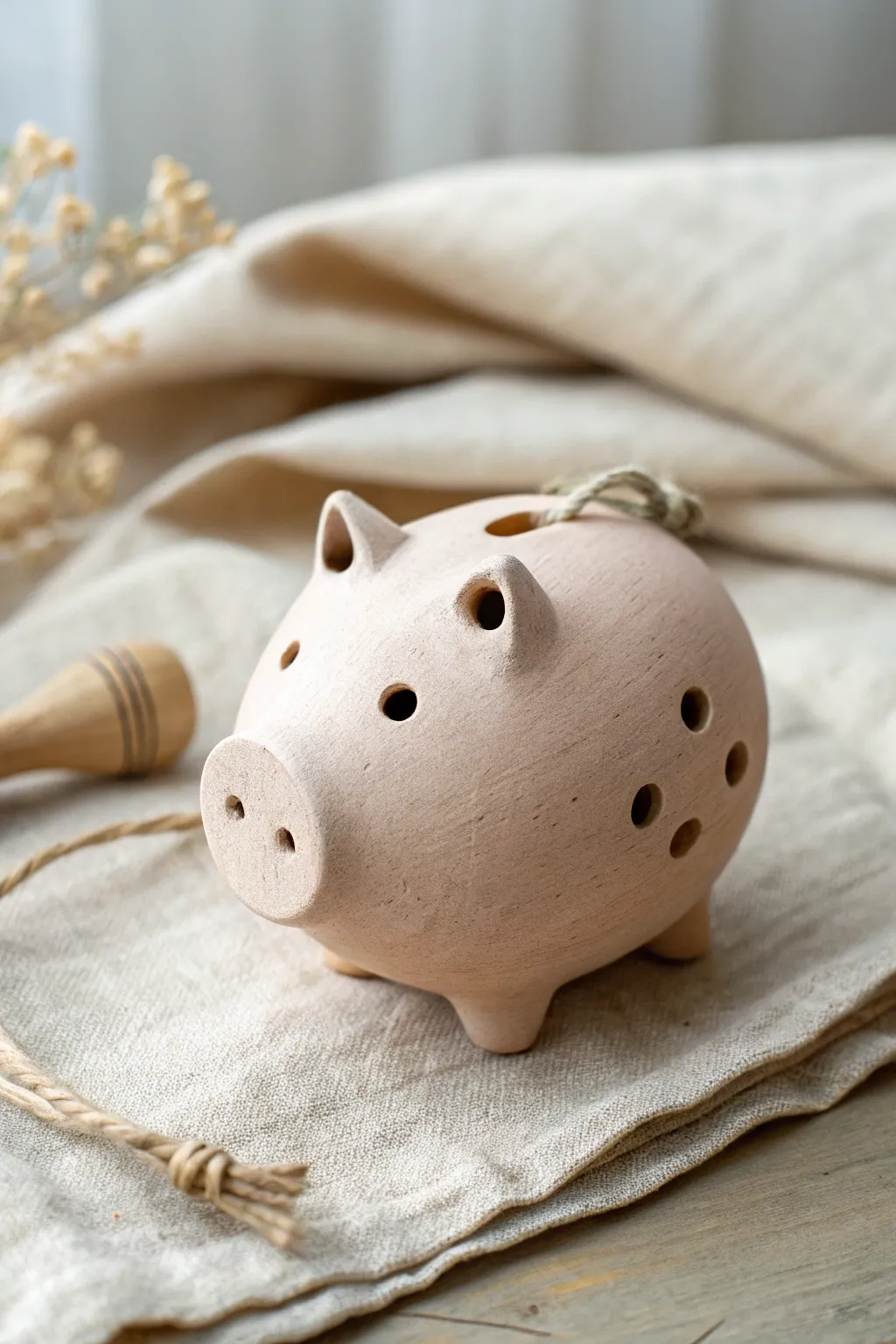 Easy pig clay whistle with a disk snout in soft blush glaze, clean sound hole and simple details.