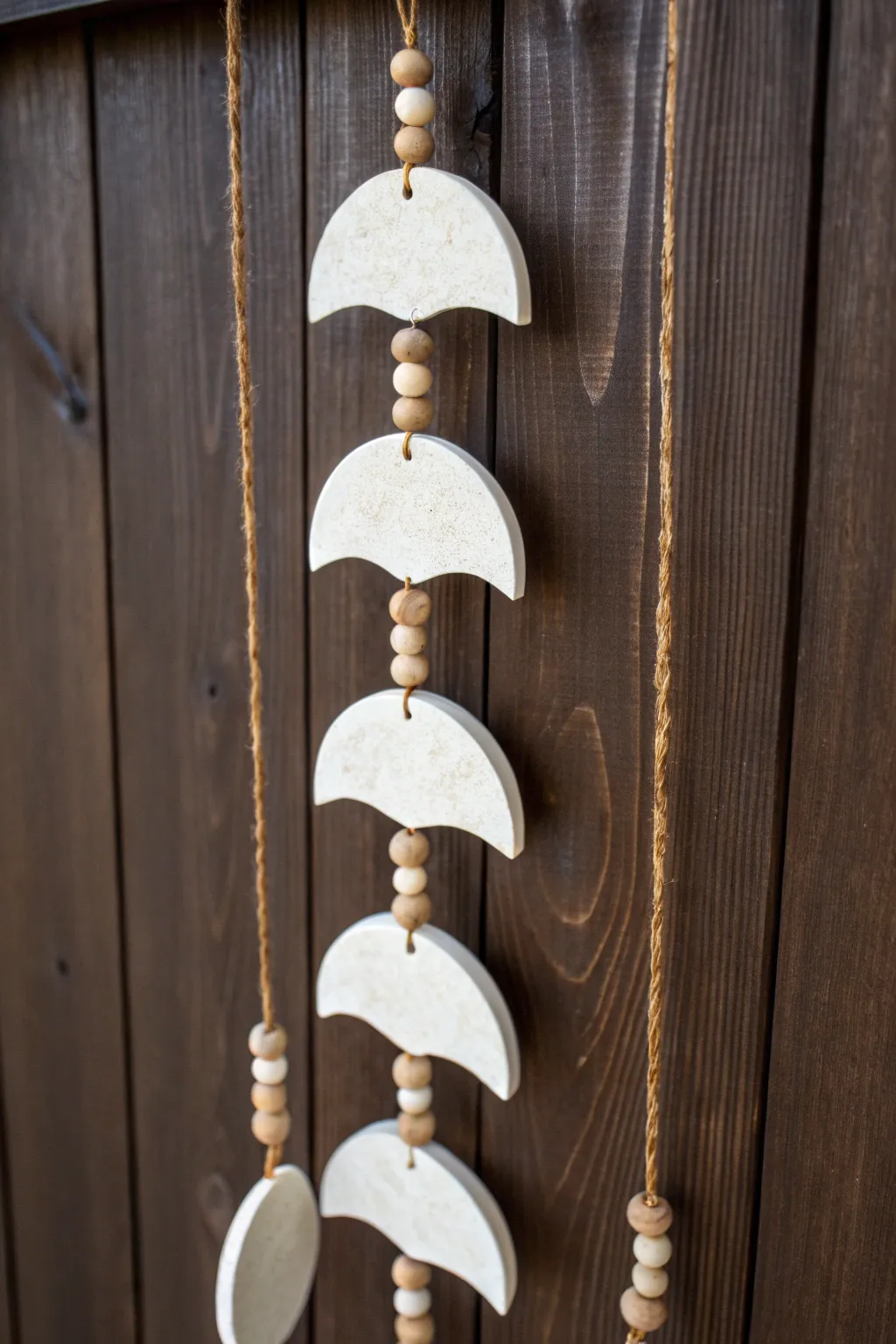 Moon phase clay wind chime with bead spacers, softly lit against dark wood for crisp contrast.