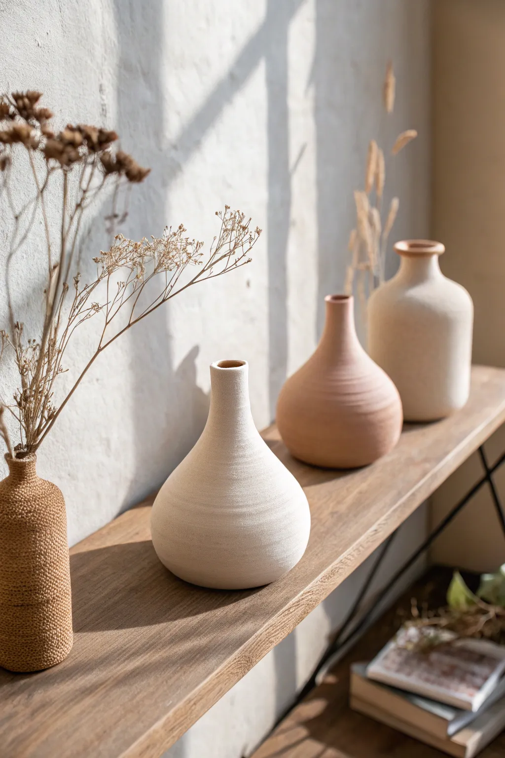 Three tiny bud vases, simple clay silhouettes and dried stems for a calm Scandinavian shelf moment