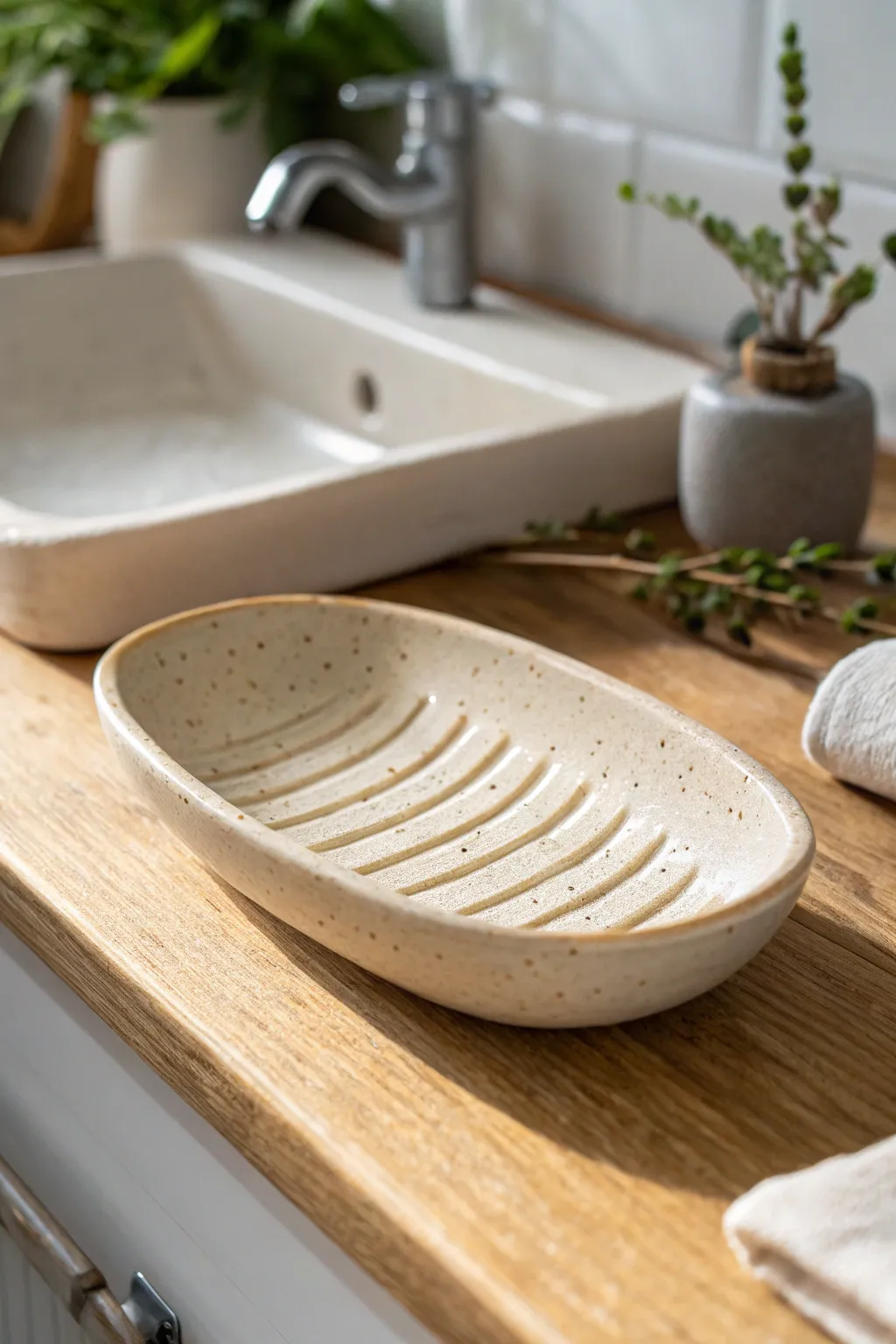 Minimal handmade ceramic dish that works as a spoon rest or soap dish, with clean grooves