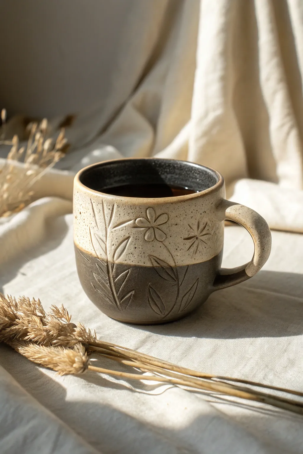 Minimal sgraffito coffee cup with a one line face and soft florals in high contrast clay tones
