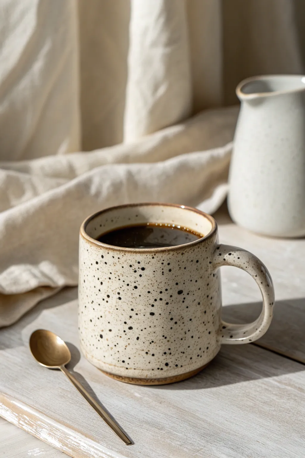 Speckled stoneware mug with clear glaze, a simple cozy look for your next coffee design.