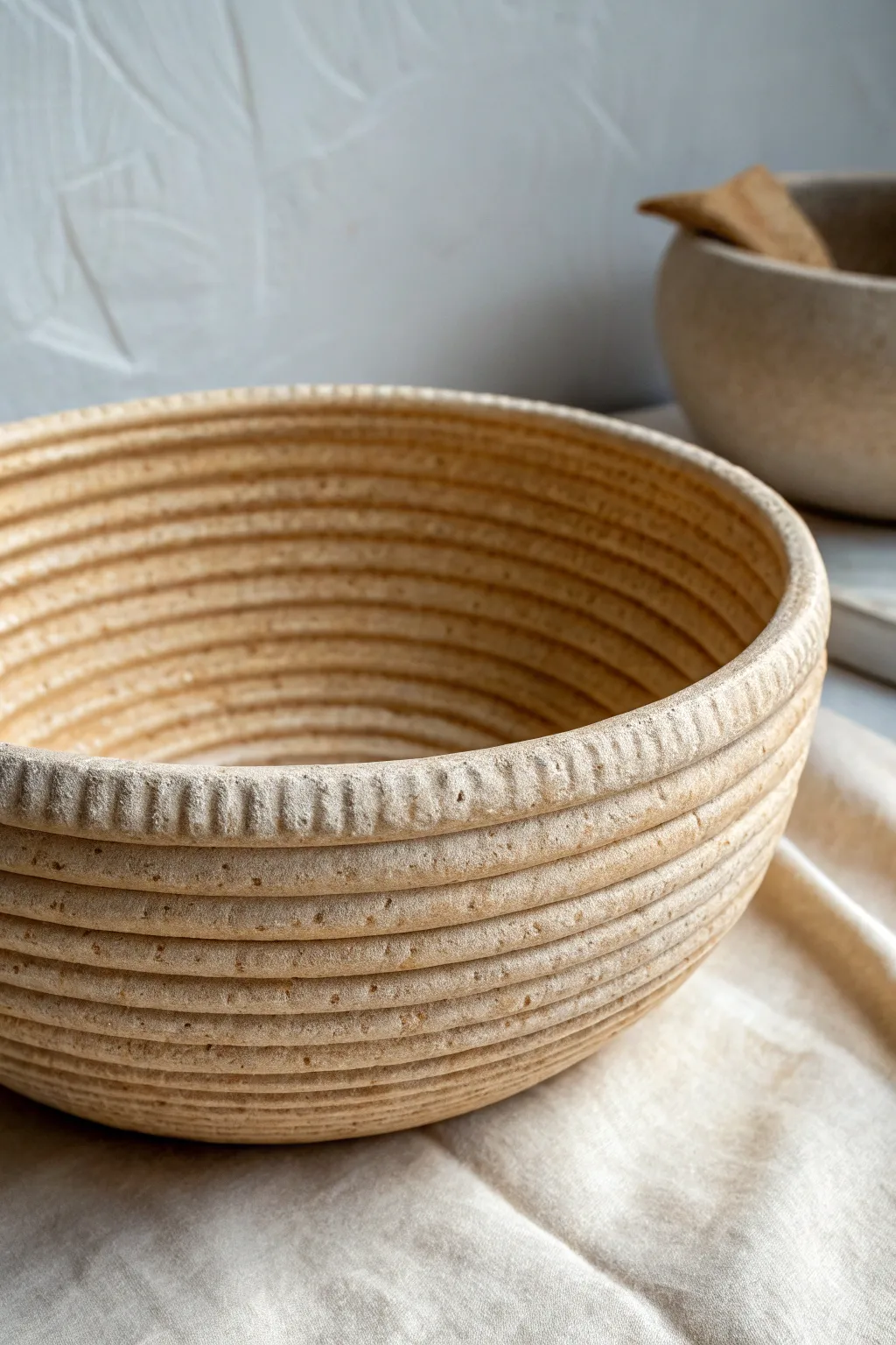 Chunky pinched-coil bowl with corrugated ridges that catch light and invite touch