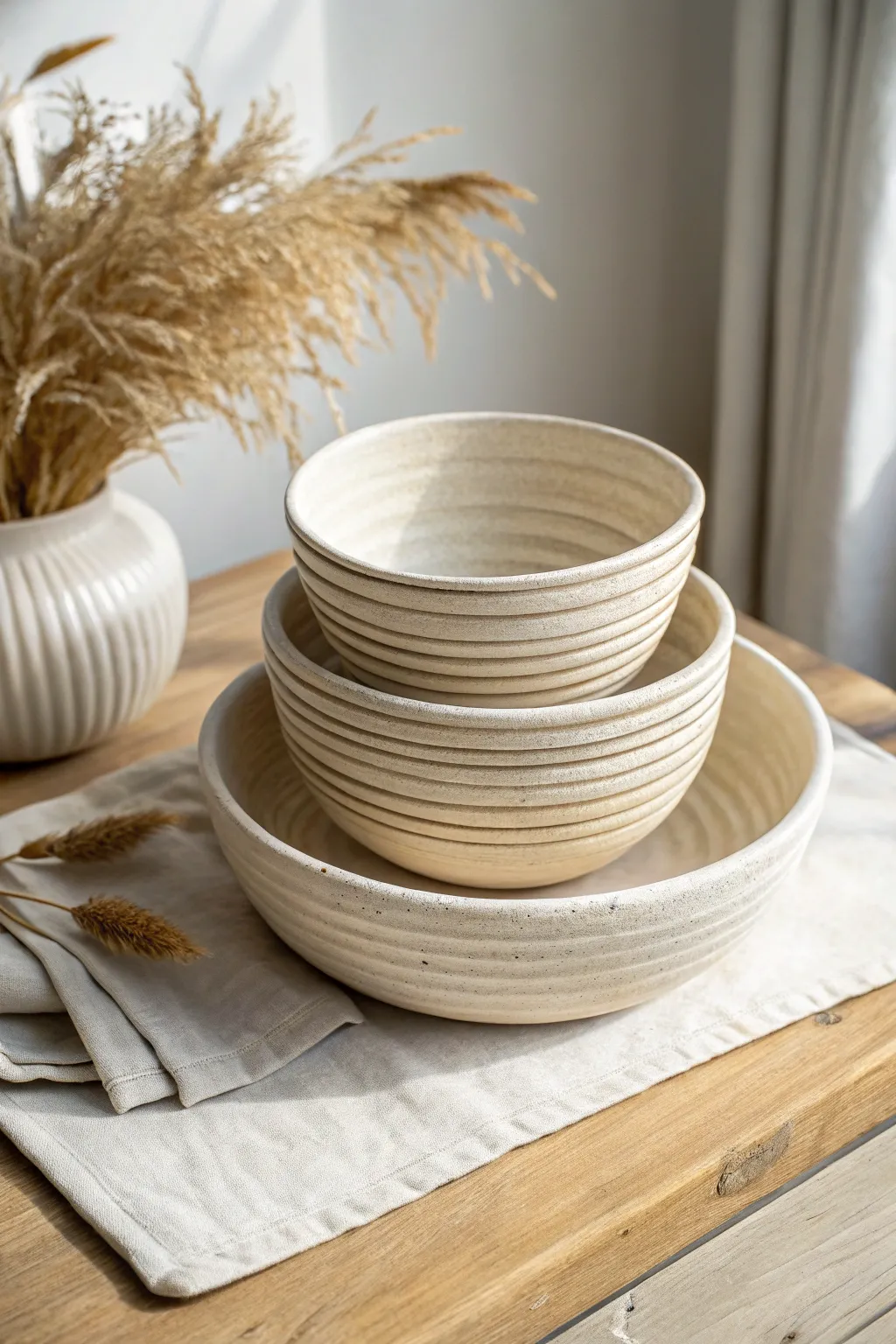 Nesting coil pinch bowls in calming sand tones, minimalist and cozy, perfect for small treasures.