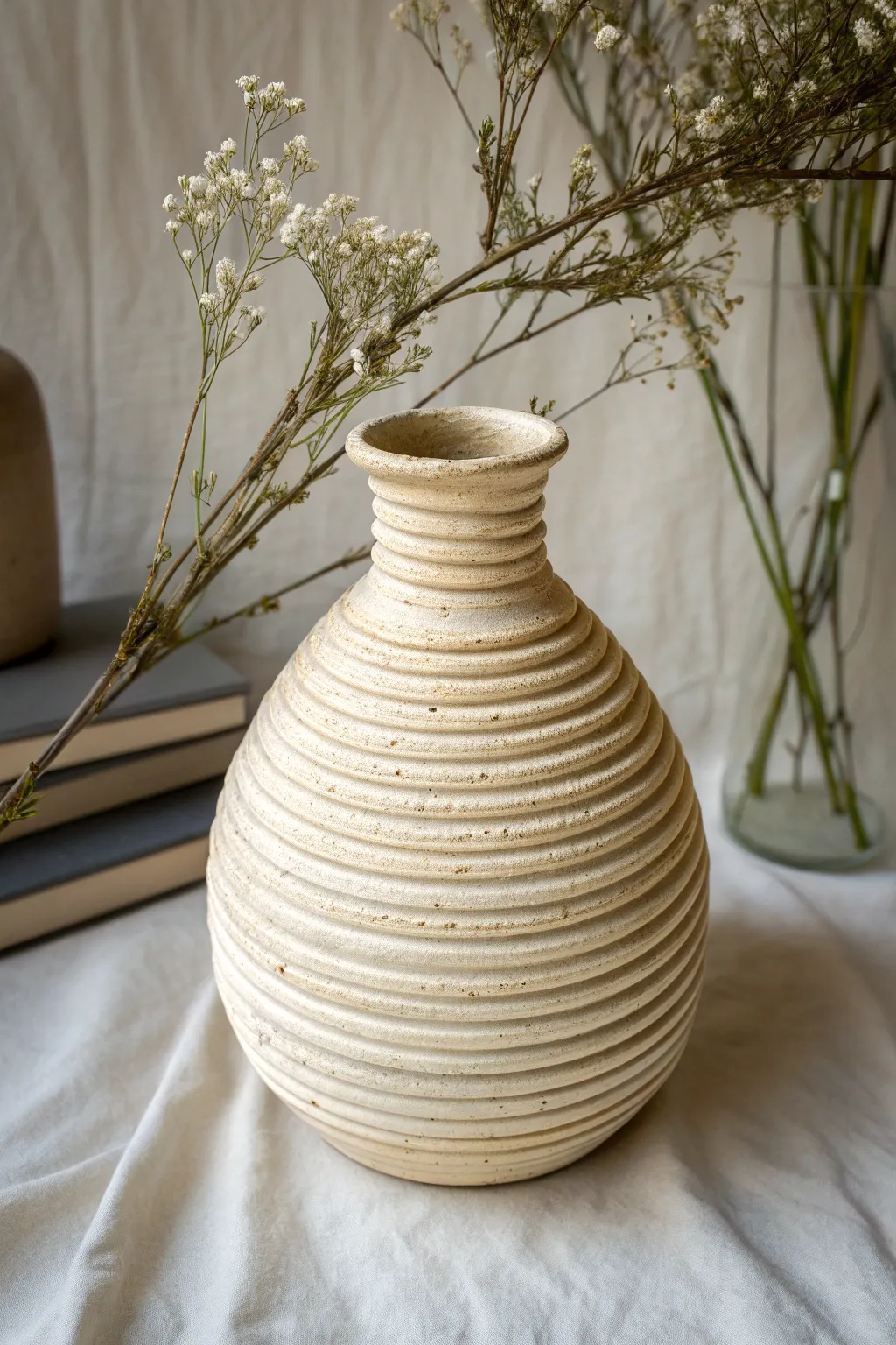Pinched corrugated coil vase in matte glaze, soft neutrals and shadowed creases for contrast.