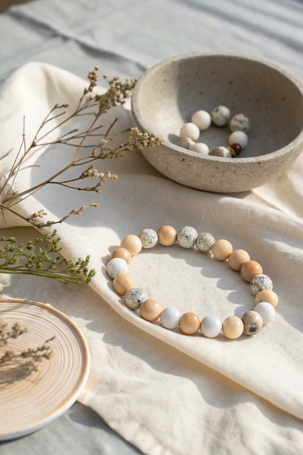 Marbled cold porcelain bead bracelet in calm neutrals, styled simply on a ceramic dish.